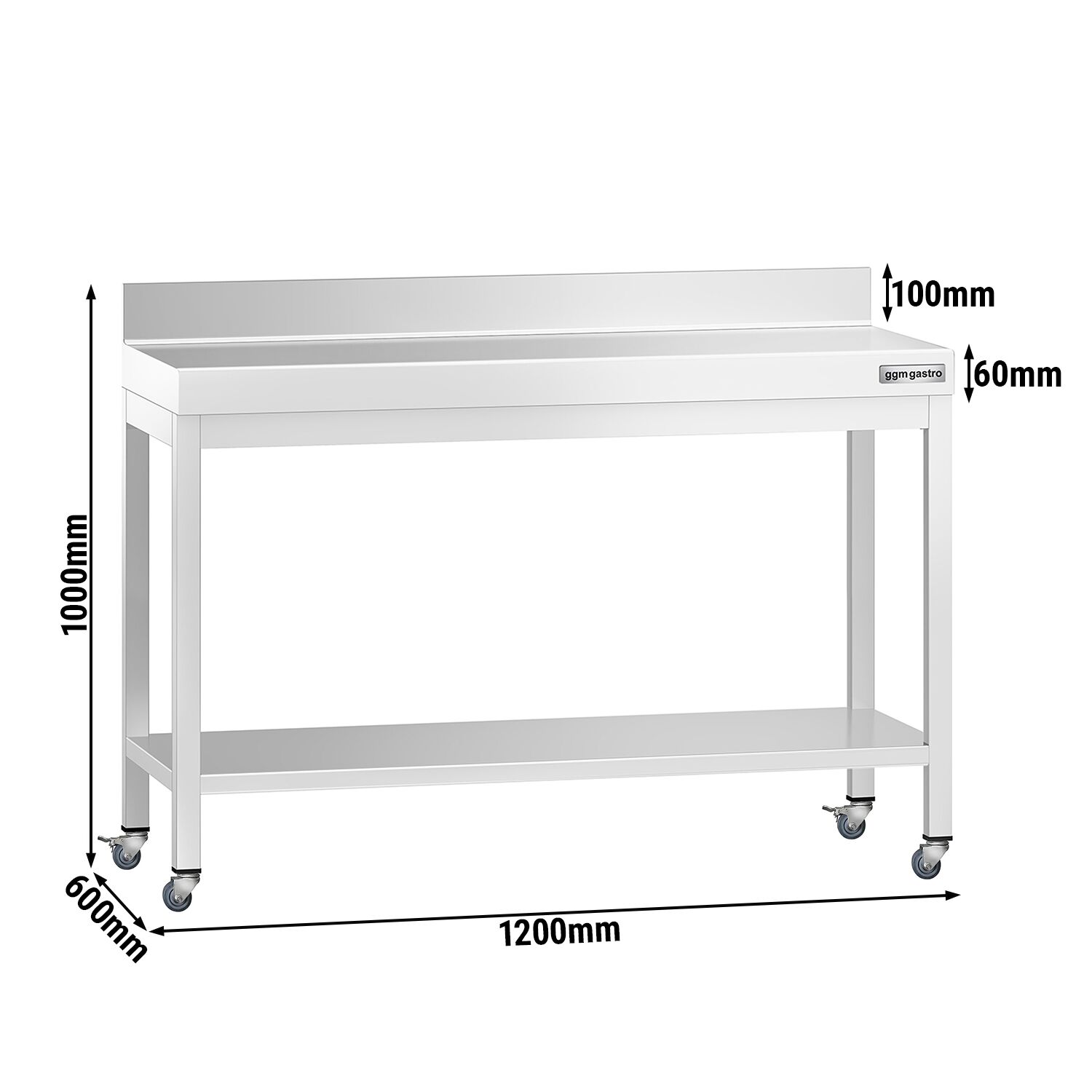 Table de travail en inox PREMIUM - 1200 x 600 mm - avec tablette inférieure, dosseret et roulettes