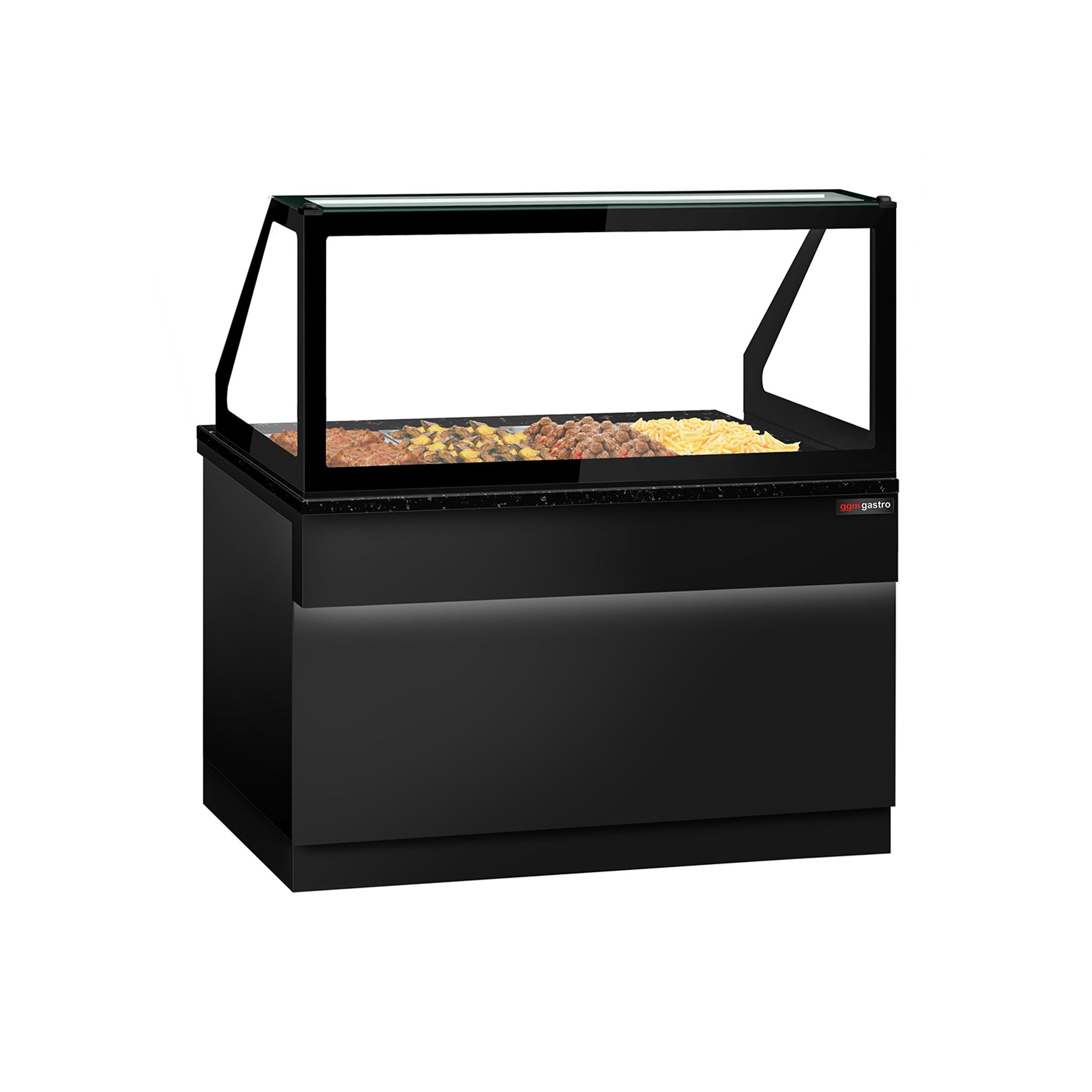 Vitrine chauffante TORONTO – 1500 mm – façade noire – pour 4 × GN 1/1 – plan de travail en granit noir