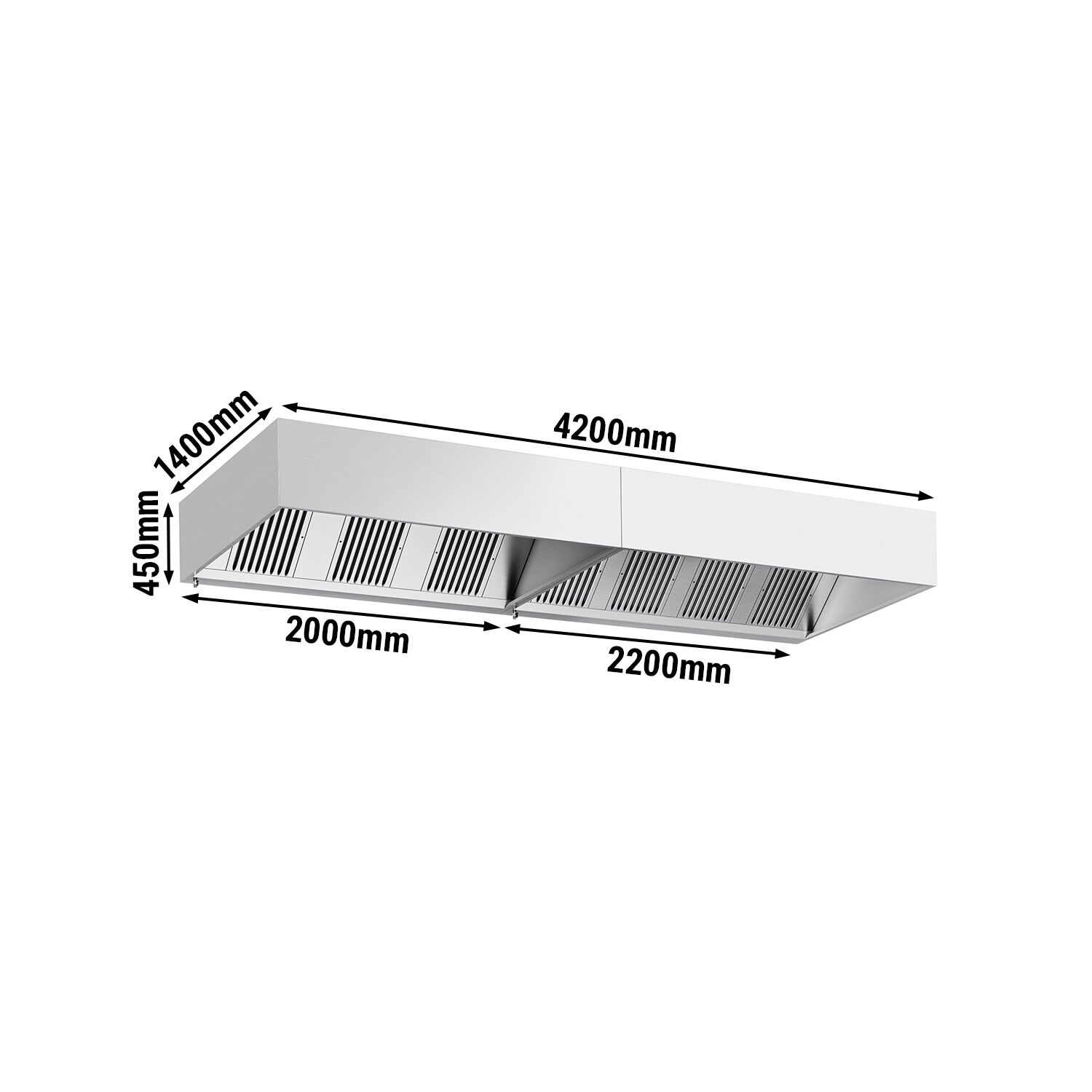 Hotte à adosser professionnelle - 4200mm - sans moteur - avec filtres et éclairage