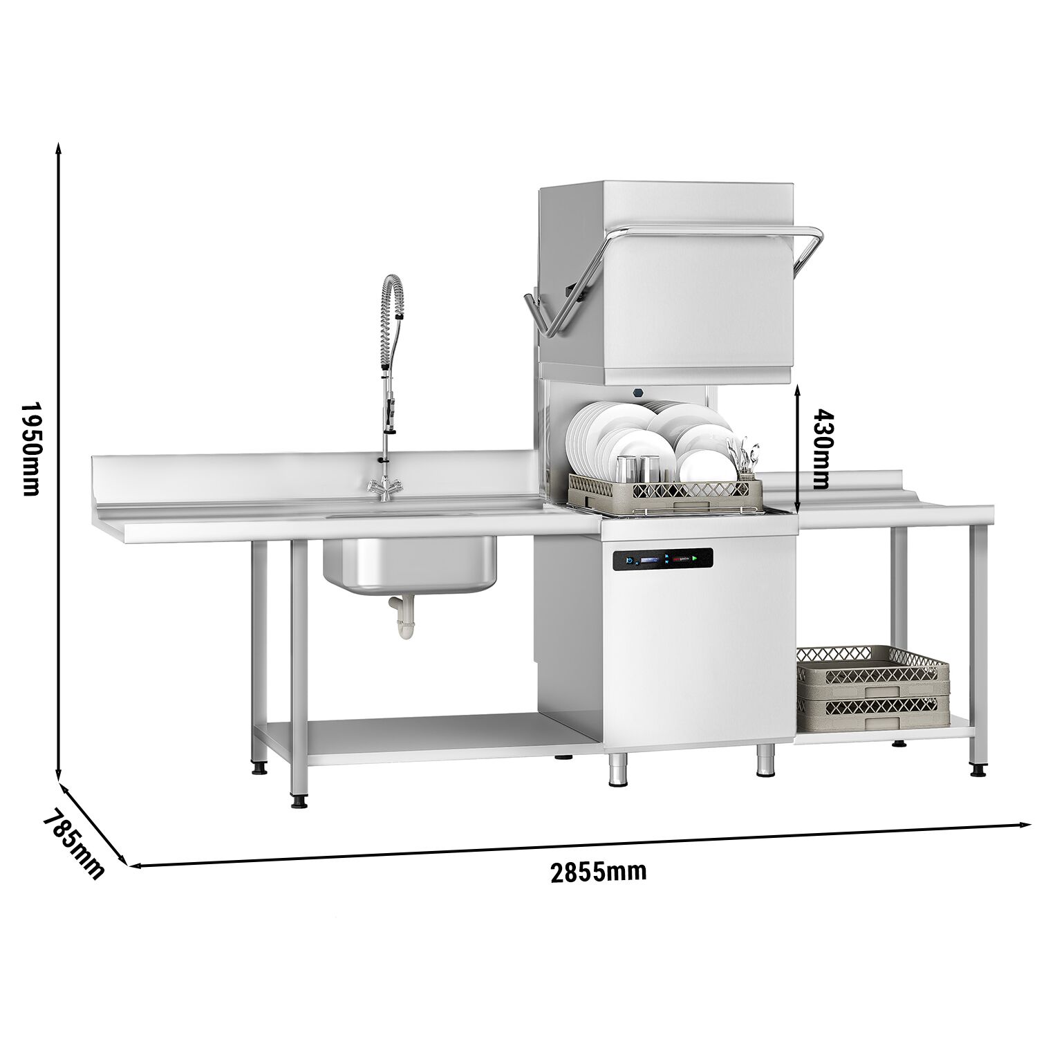 Lave-vaisselle à capot – Numérique – 7,1 kW – avec table d’entrée à gauche et table de sortie à droite incluses – avec pompe de détergent et de rinçage