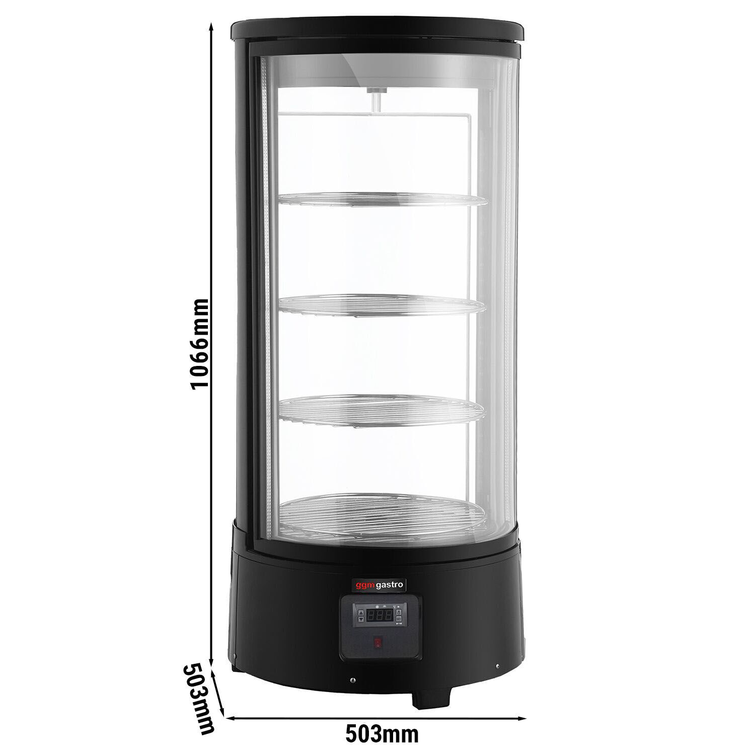 Vitrine réfrigérée 4 faces vitrées / Vitrine panoramique de table – 68 litres – 470 mm – 4 étagères rotatives – Noir