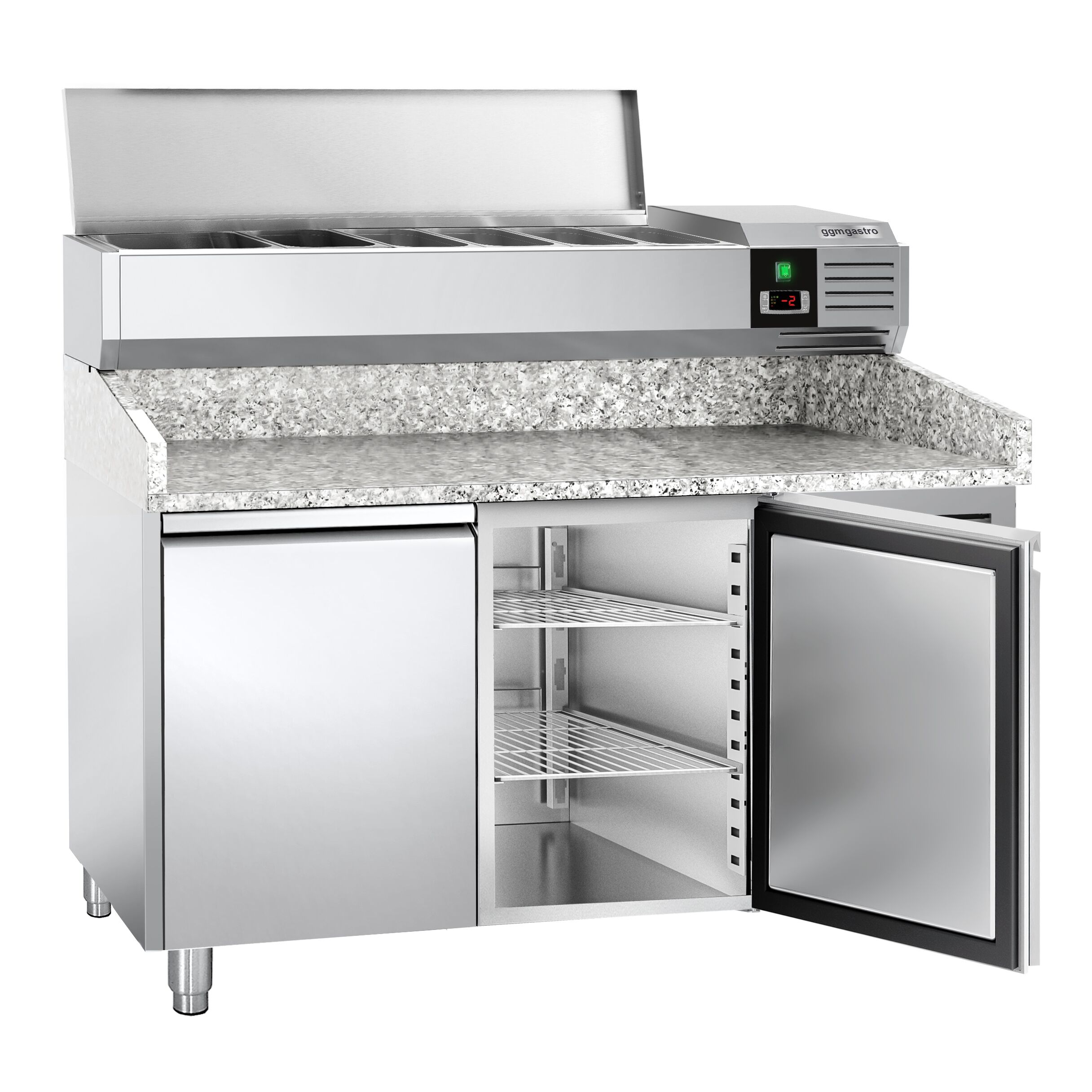 Table réfrigérée à pizza PREMIUM - 1500 x 800 mm - avec 2 portes - incl. vitrine réfrigérée - 7 x GN 1/4