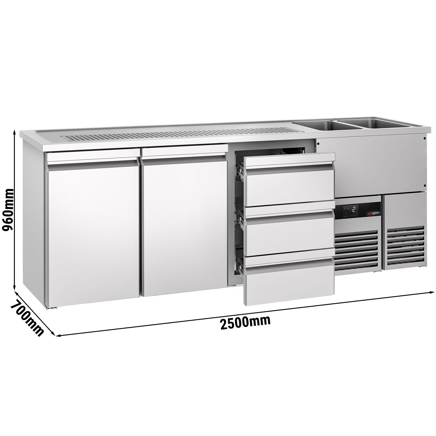 Comptoir de bar réfrigéré PREMIUM - 2500x700mm - 2 portes & 3 tiroirs