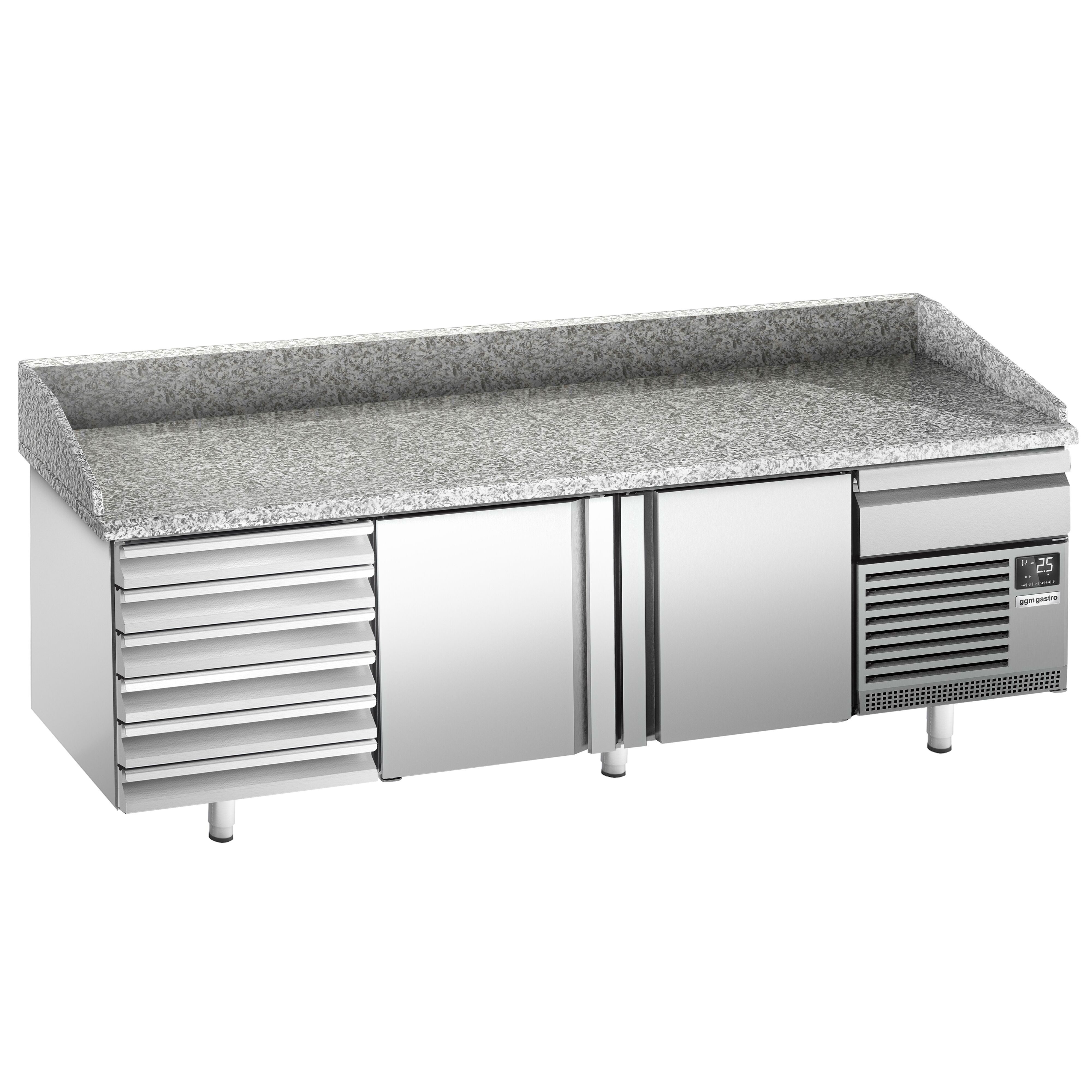 Commercial Pizza Prep Counter - Granite Top PREMIUM PLUS - 2305x800mm - with 2 doors & 7 drawers