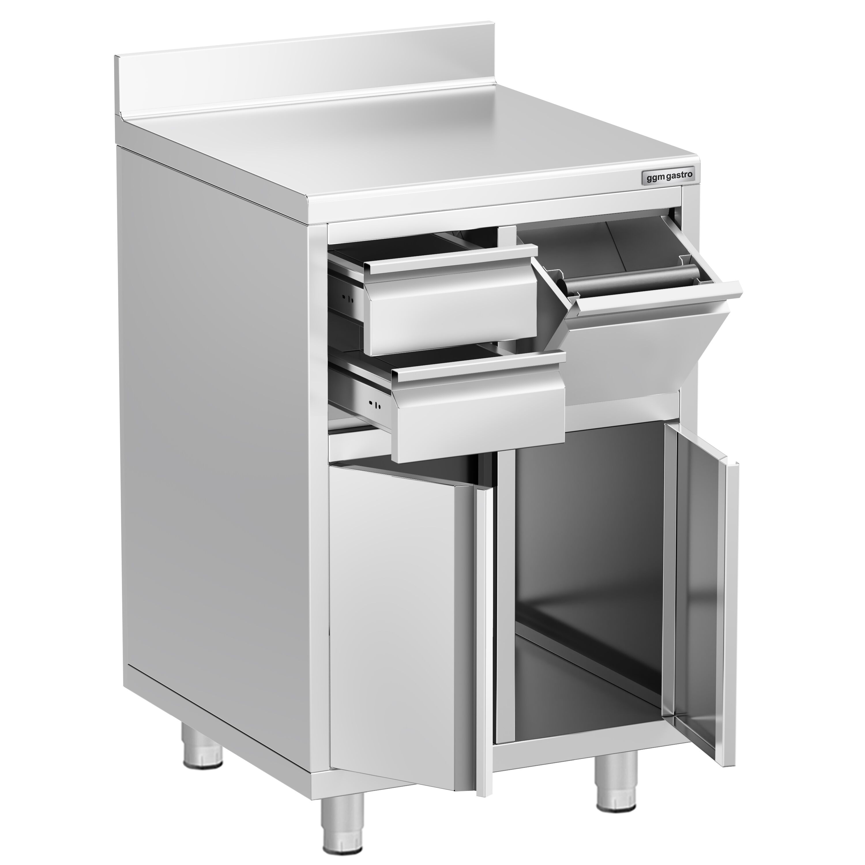 Armoire de travail pour machine à café filtre - 600x600mm - avec dosseret - 2 tiroirs, 1 porte battante, 1 tiroir à marc de café