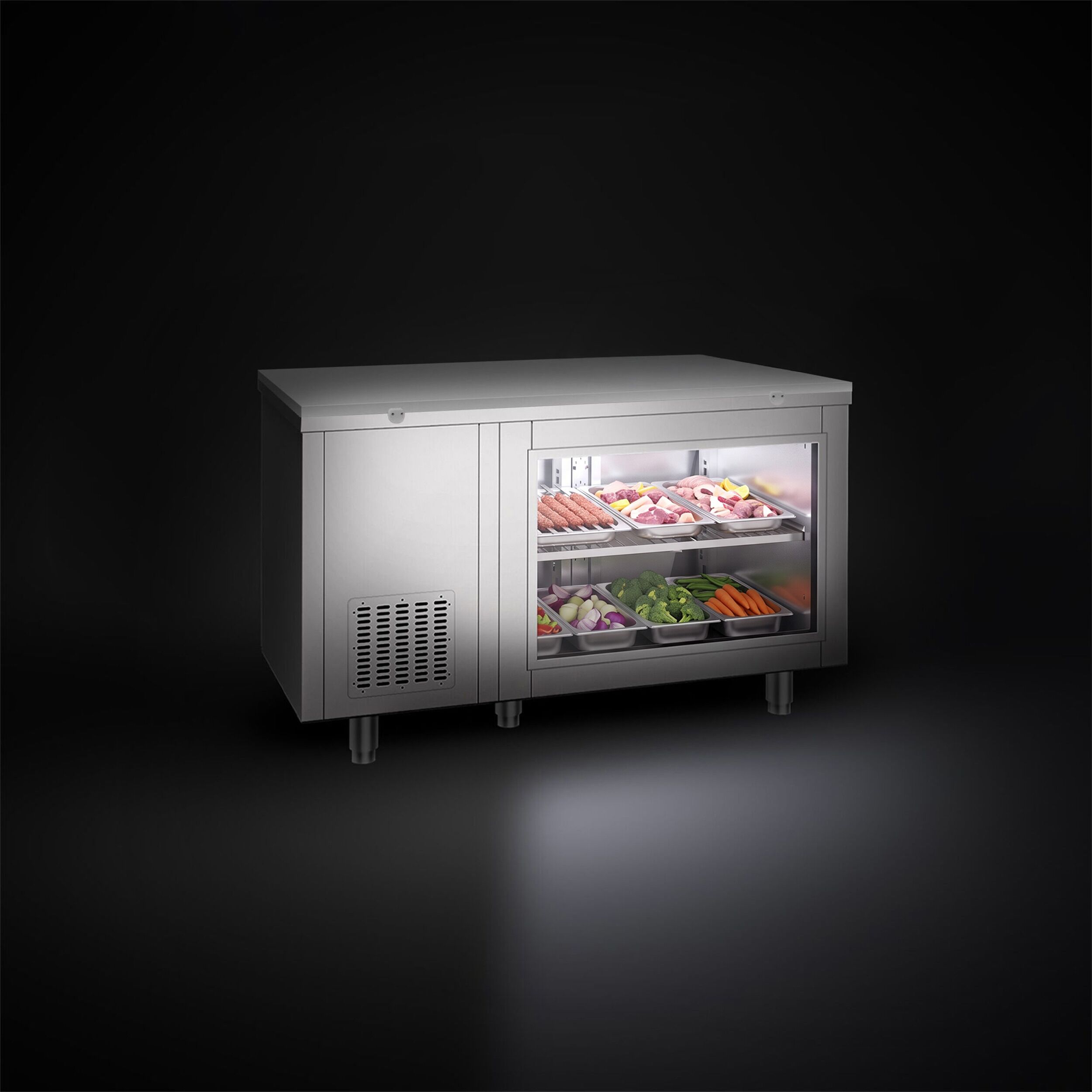Commercial Counter Fridge – 1400 × 700 mm – Rear Side with 2 Doors – Glass Front – incl. White Cutting Board