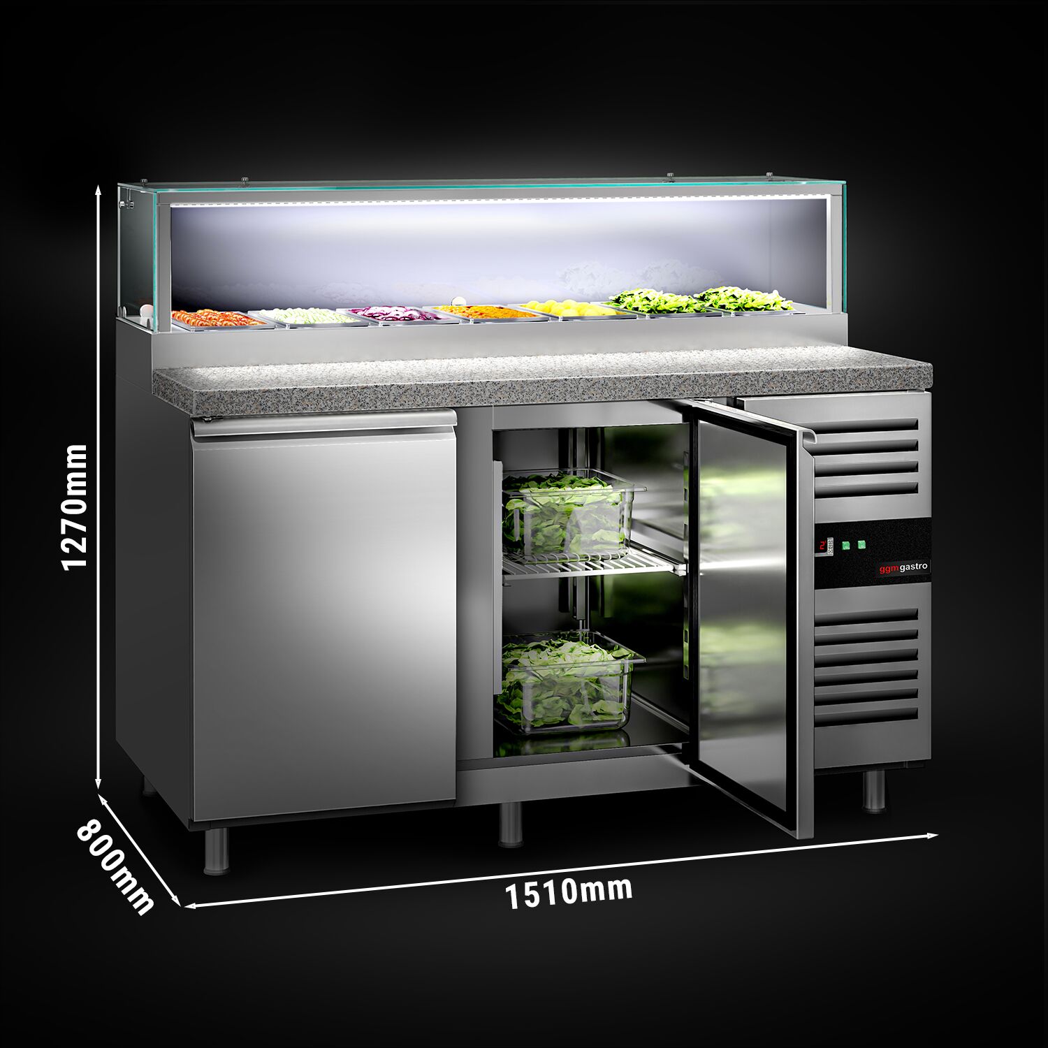Saladette réfrigérée PREMIUM - 1510mm - 390L - 2 portes - avec vitrine de comptoir pour 7x GN 1/3 & 1 étagère - plan de travail en granit noir