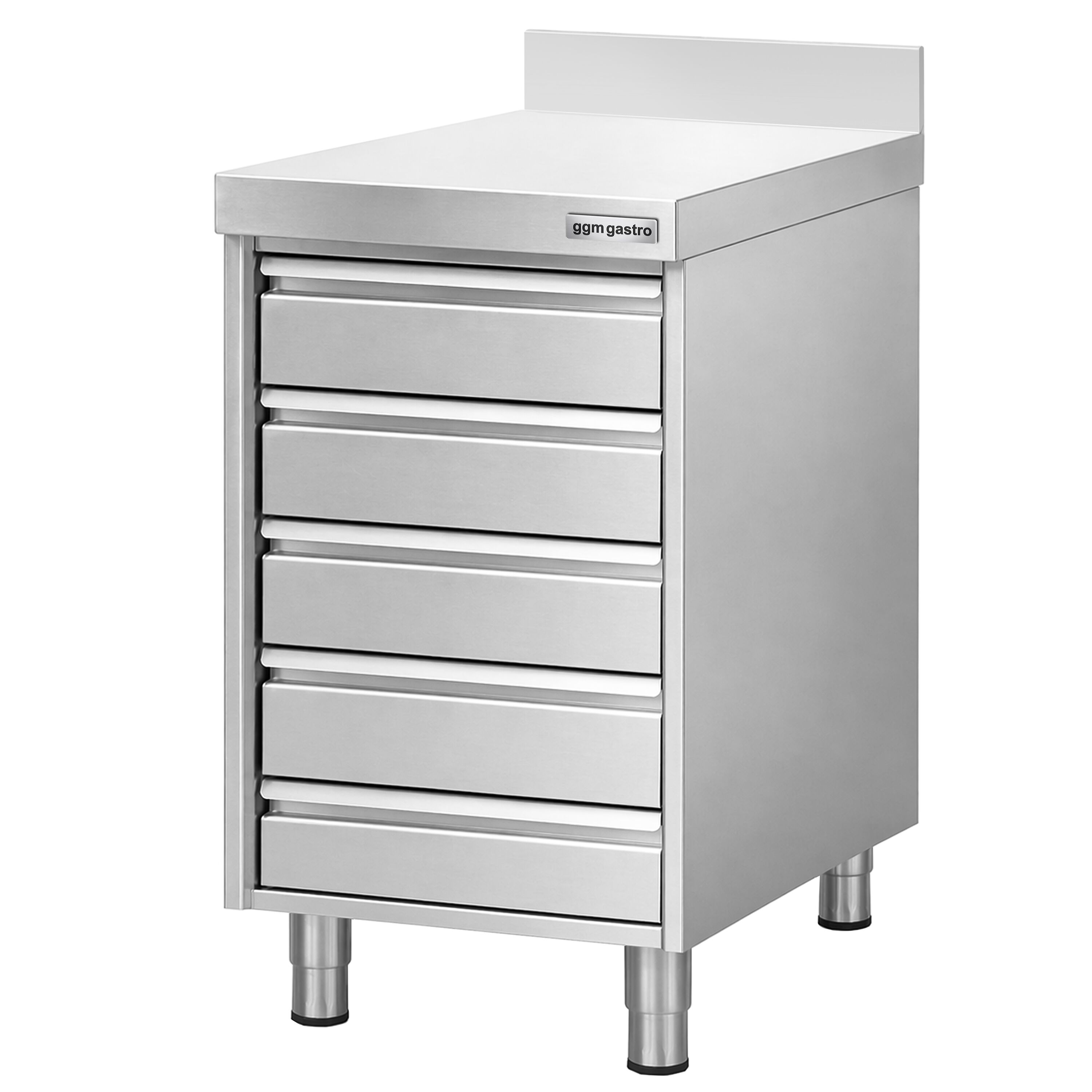 Meuble bas à tiroirs - Acier inoxydable - avec 5 tiroirs & dosseret 100mm - 500x700mm