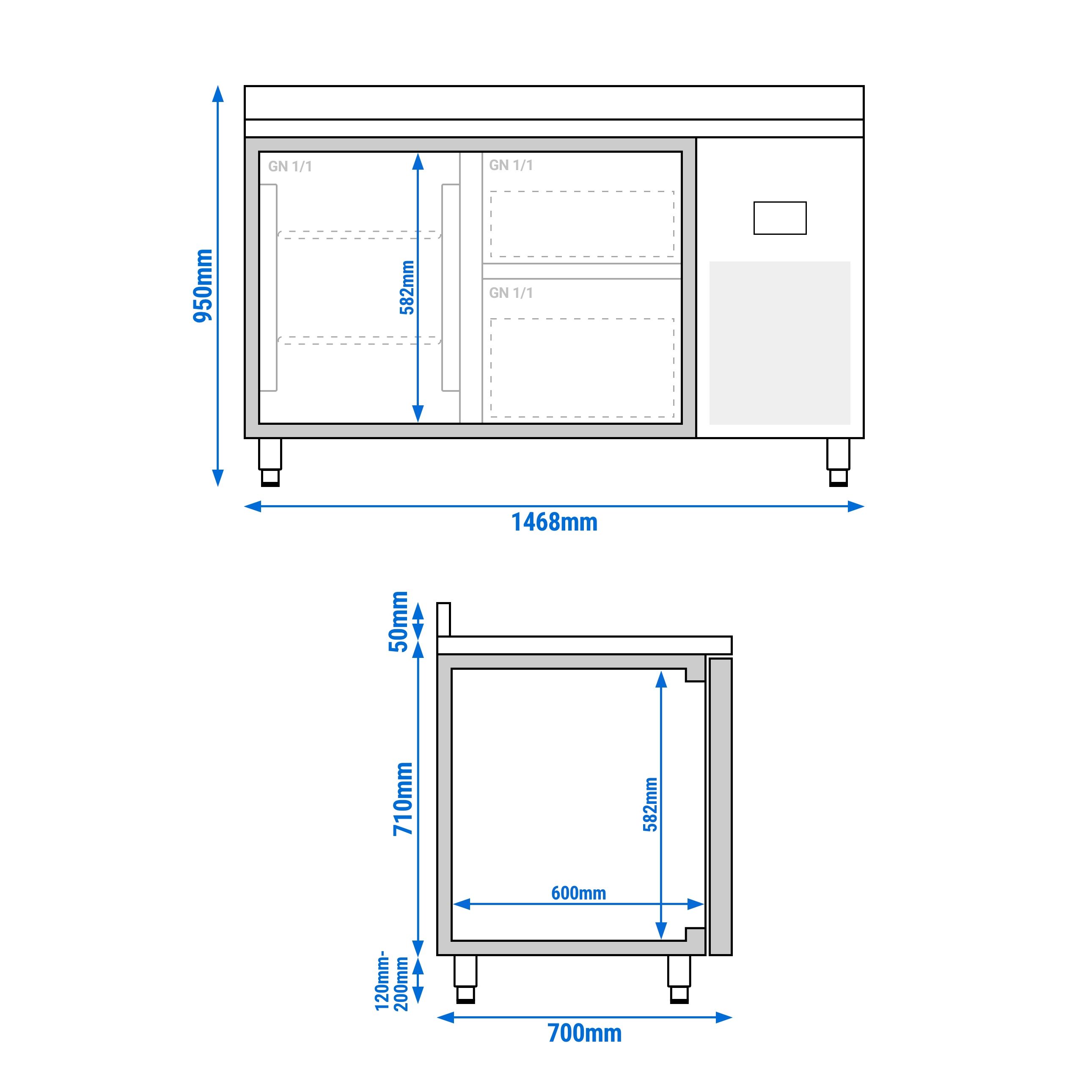 Table réfrigérée Premium PLUS - 1468 x 700 mm - avec 1 porte - 2 tiroirs - avec dosseret