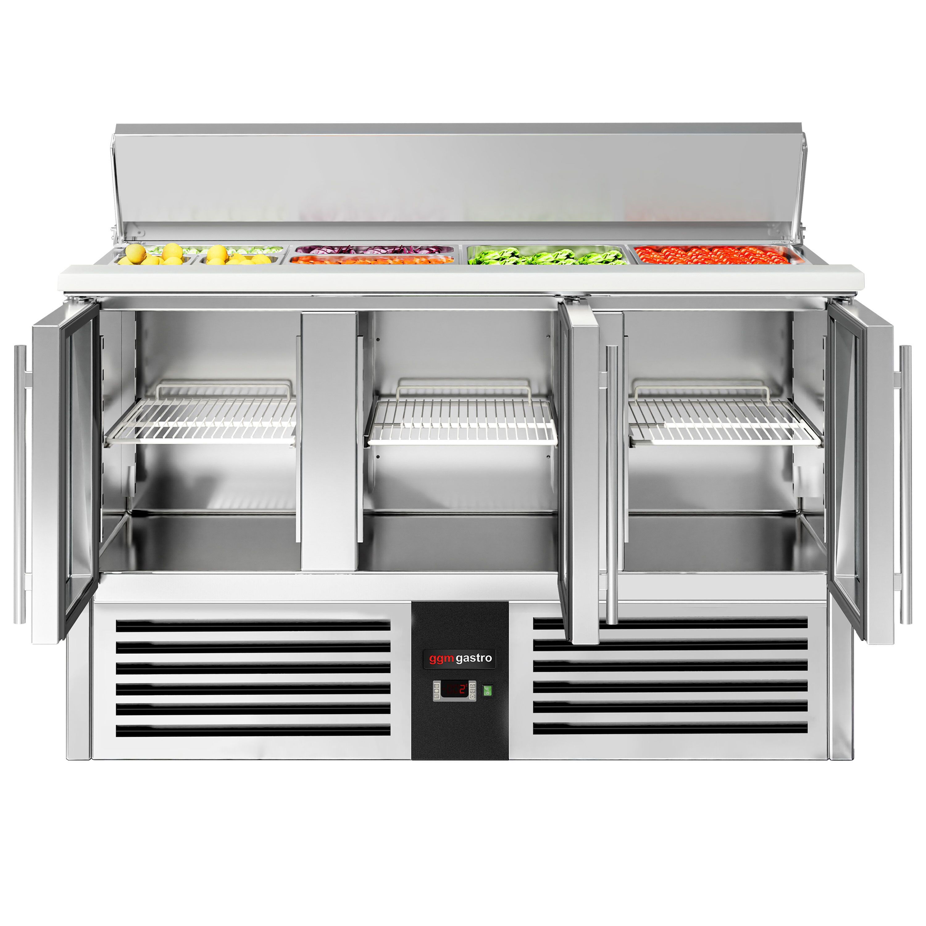 Saladette réfrigérée PREMIUM - 1368mm - 368L - 3 portes vitrées - avec découpe pour 4x GN 1/1 & Couvercle inox