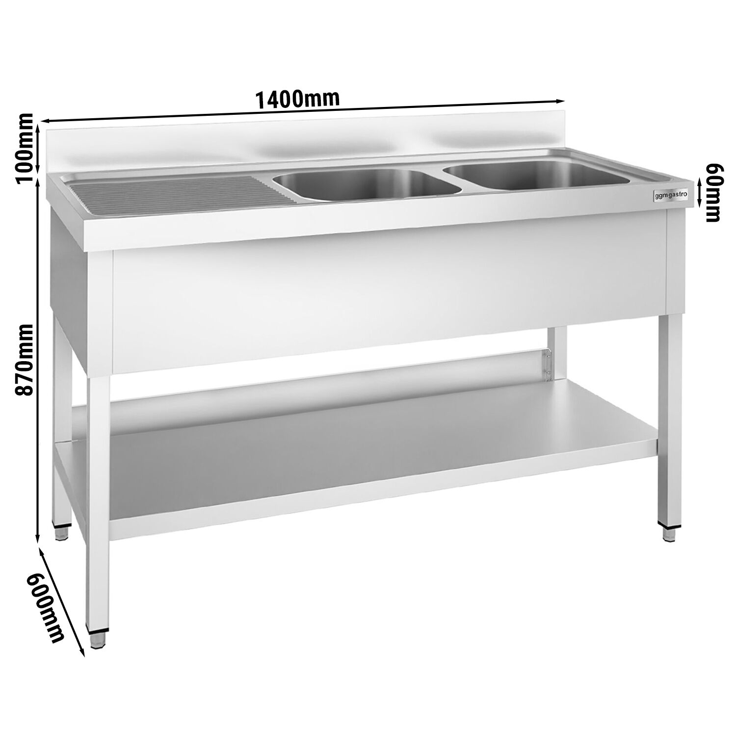 Plonge en inox PREMIUM - 1400x600mm - avec étagère basse - 2 bacs à droite