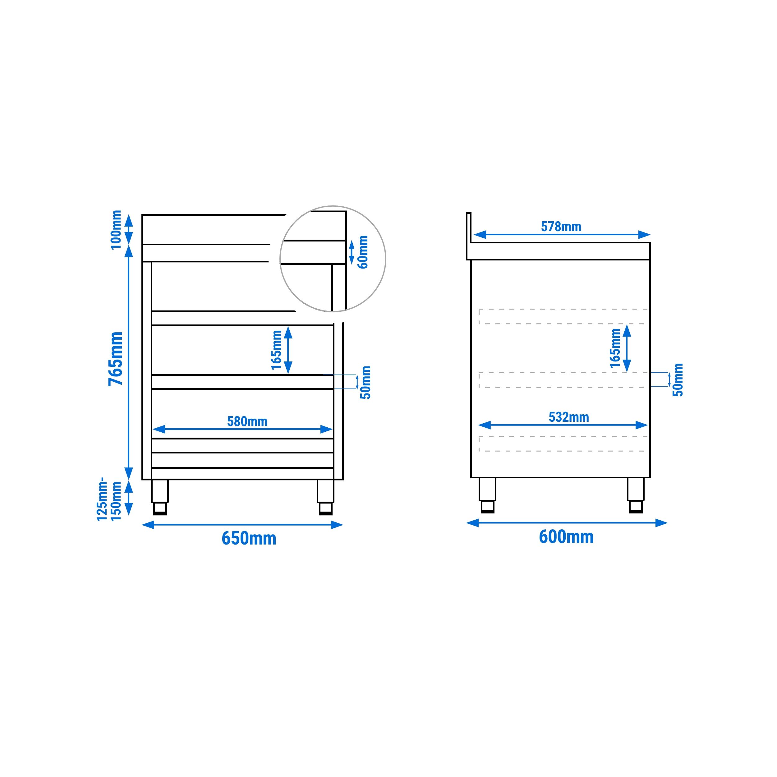 Szafka robocza ze stali nierdzewnej - 647x600mm - z 3 szufladami, z rantem