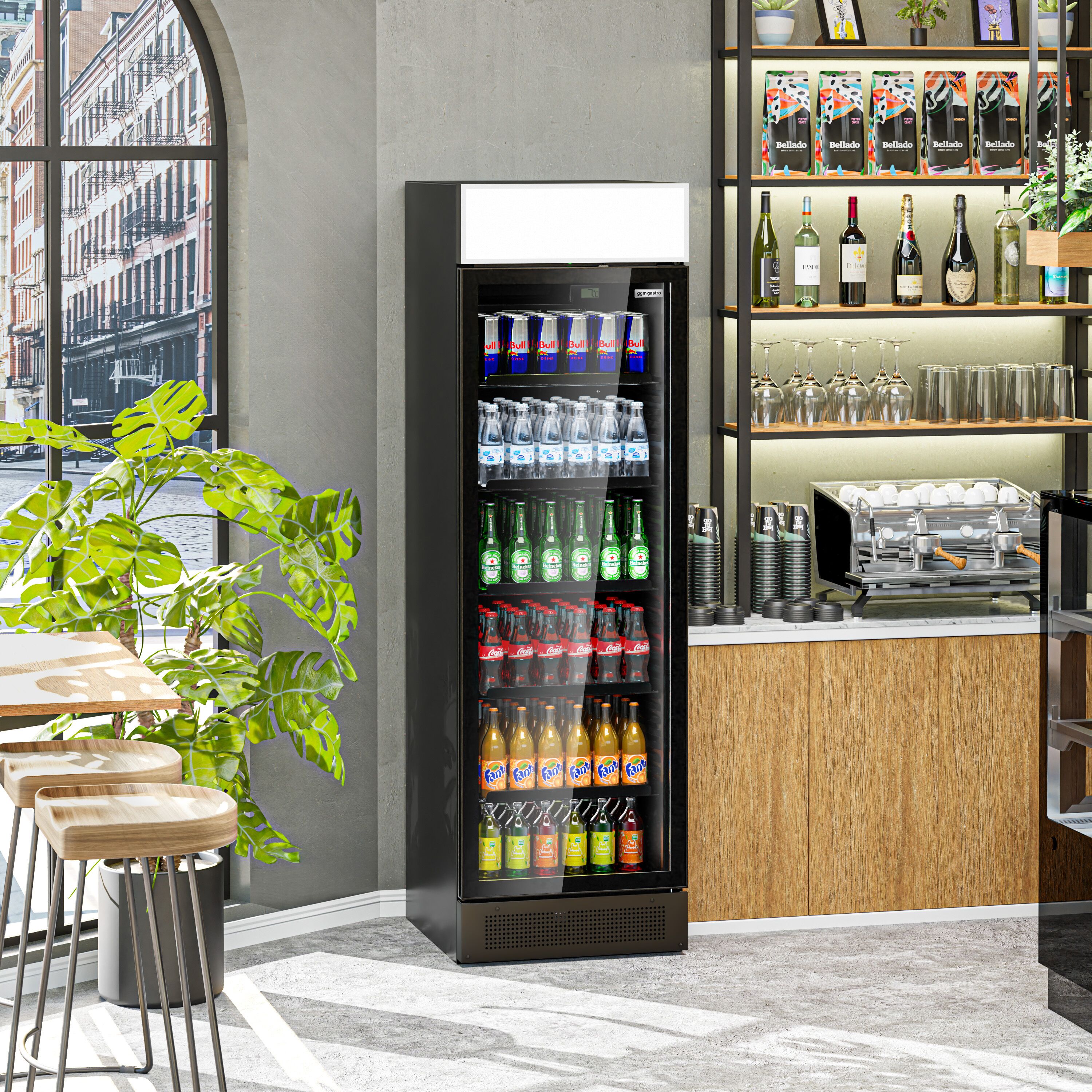 Vitrine réfrigérée à boissons - 595mm - 145 L - porte vitrée sans cadre - 1 porte vitrée - avec caisson lumineux - éclairage LED - affichage digital de la température - Noir - +1 à +10 °C