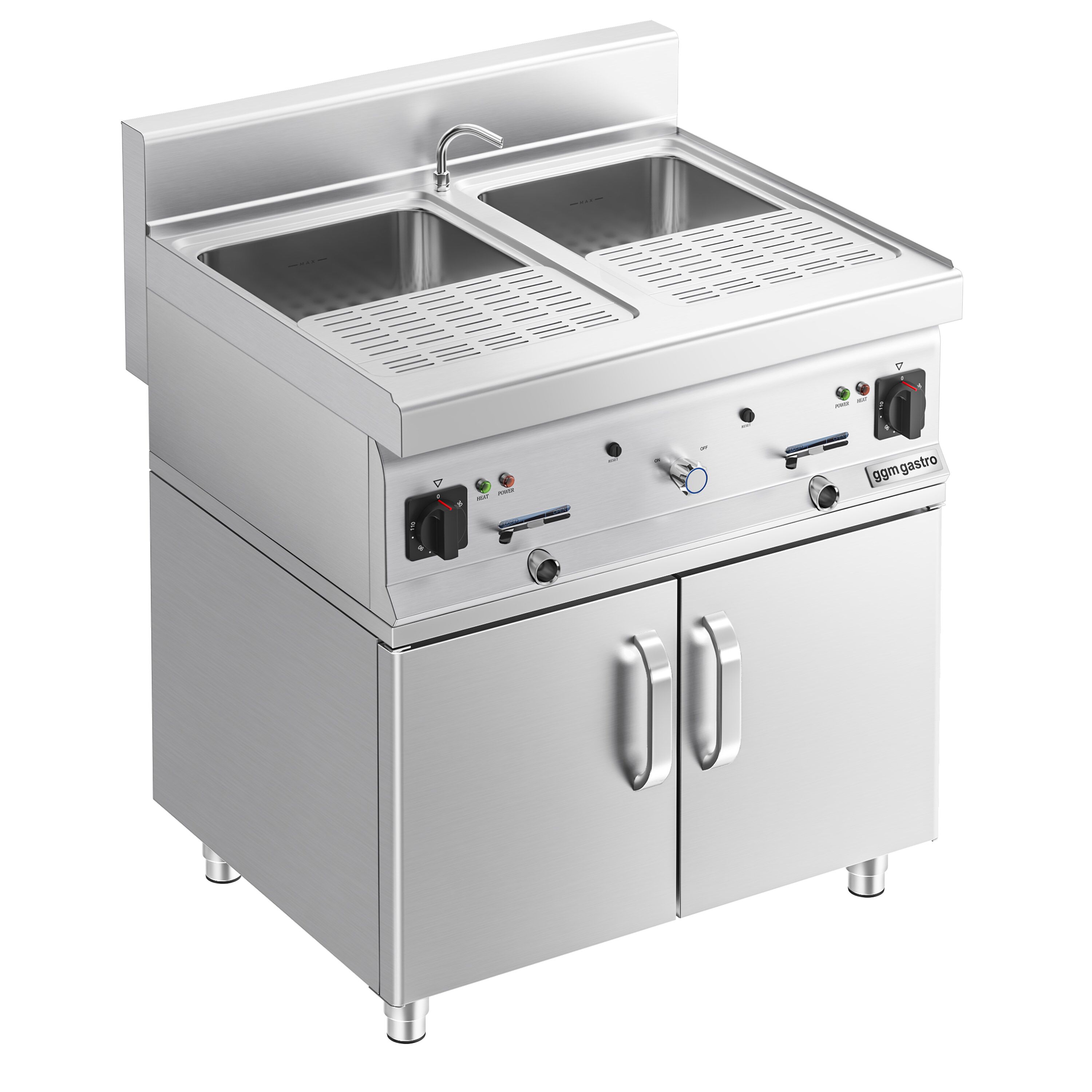Cuiseur à pâtes électrique avec robinet – 2 × 26 L – 12 kW – incl. soubassement avec 2 portes