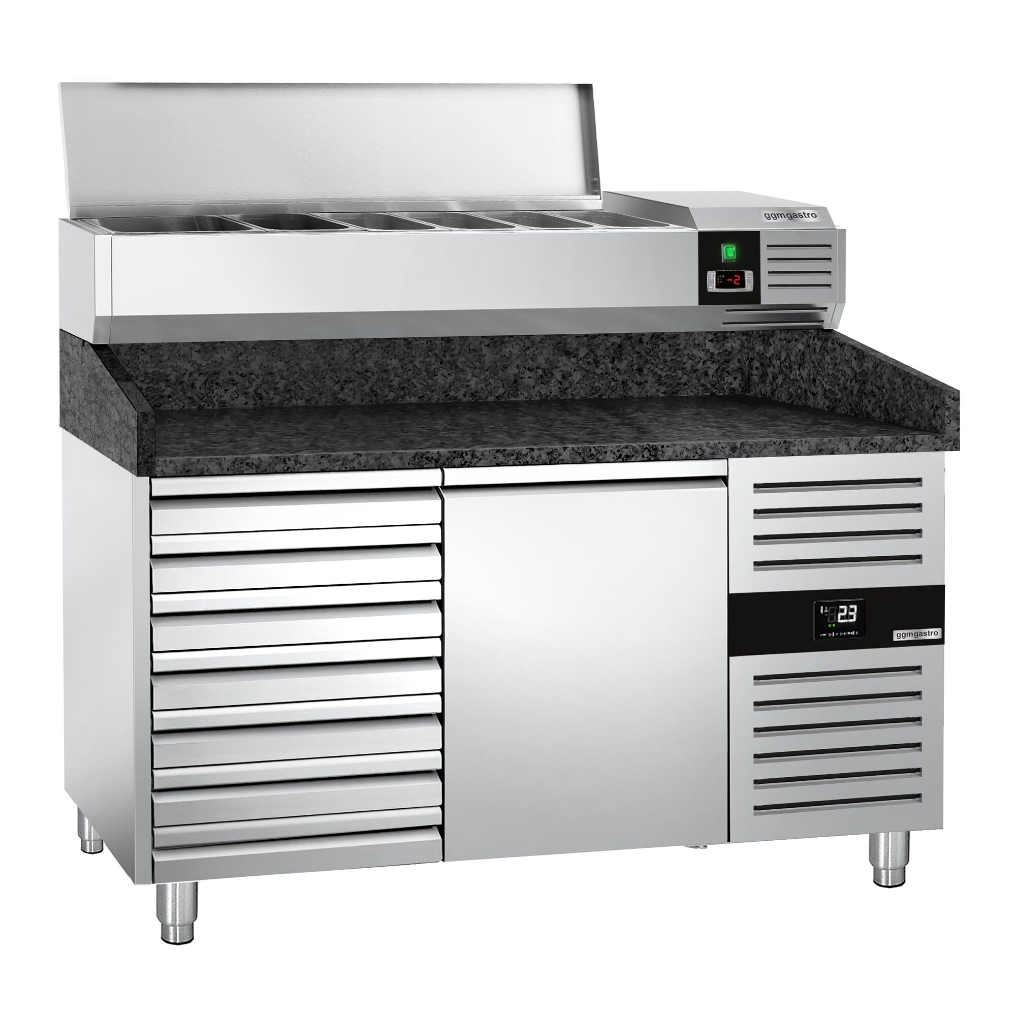Table réfrigérée à pizza PREMIUM - 1500 x 800 mm - avec 1 porte et 7 tiroirs - incl. vitrine réfrigérée - 6 x GN 1/3