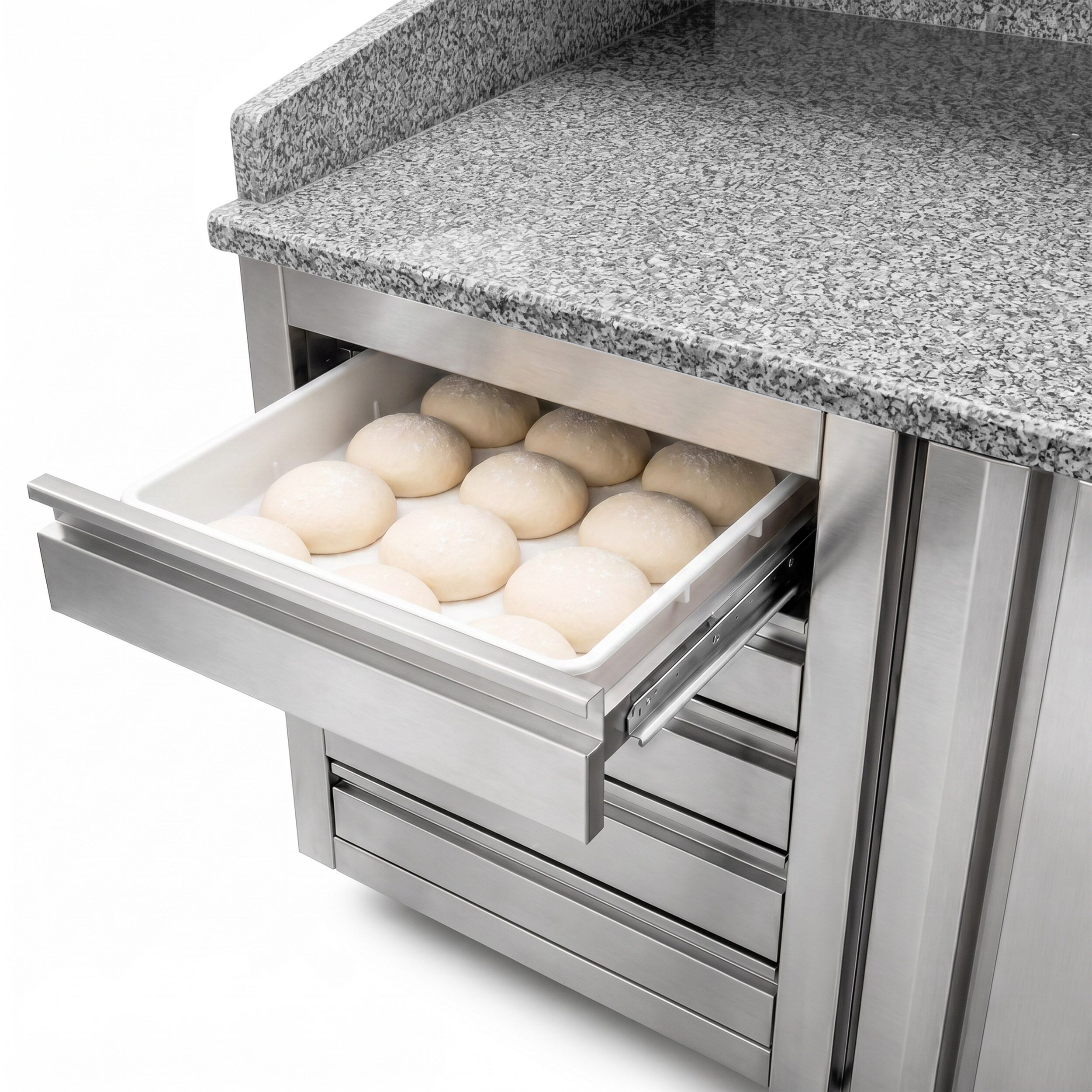 Pizzakylbänk PREMIUM - 2100x800 mm - 2 dörrar och 5 lådor - inkl. kylränna med glastopp - 10x GN 1/3