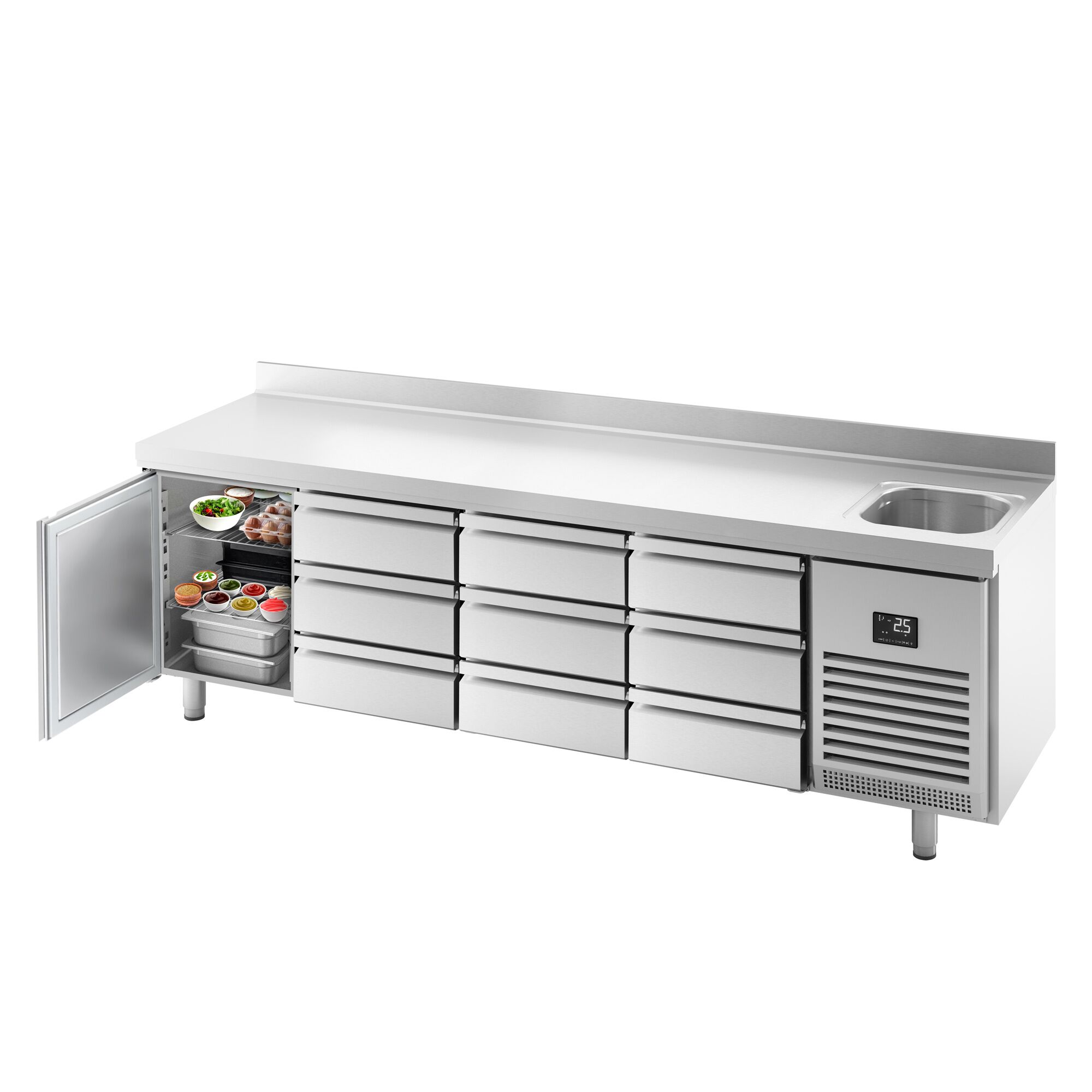Balcão refrigerado PREMIUM PLUS - 2452x700mm - 630L - 1 porta; 9 gavetas - GN 1/3 - -2 a +8°C; com ressalto traseiro; com cuba