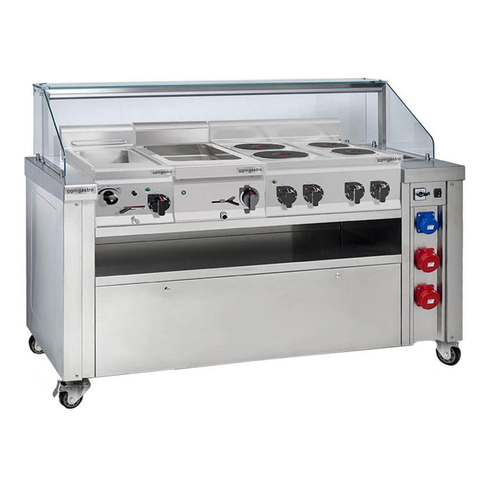 Station de cuisson mobile - 1600 x 850 mm - Hauteur : 1170 mm - incl. cuiseur à pâtes, cuisinière électrique & bain-marie