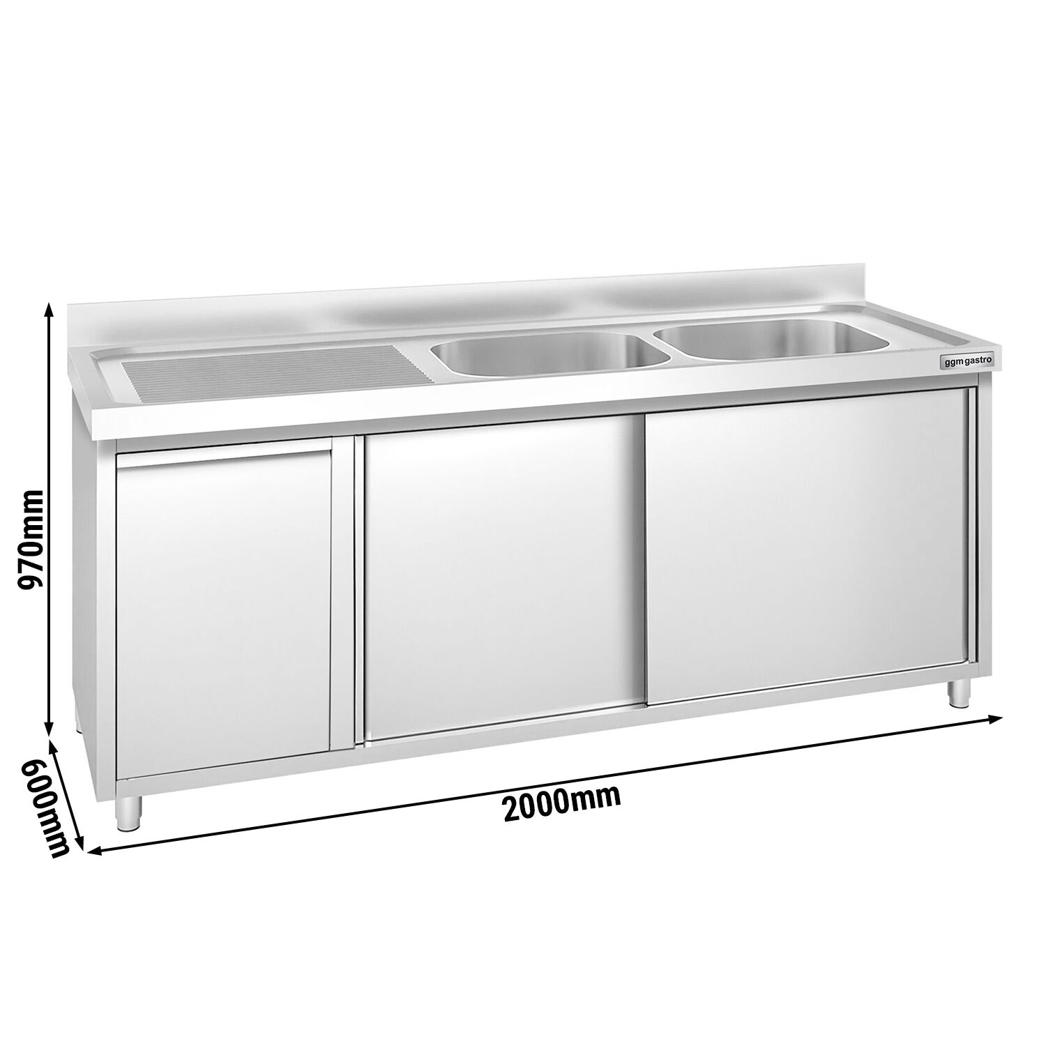 Meuble plonge PREMIUM - 2000x600mm - avec poubelle intégrée et 2 bacs