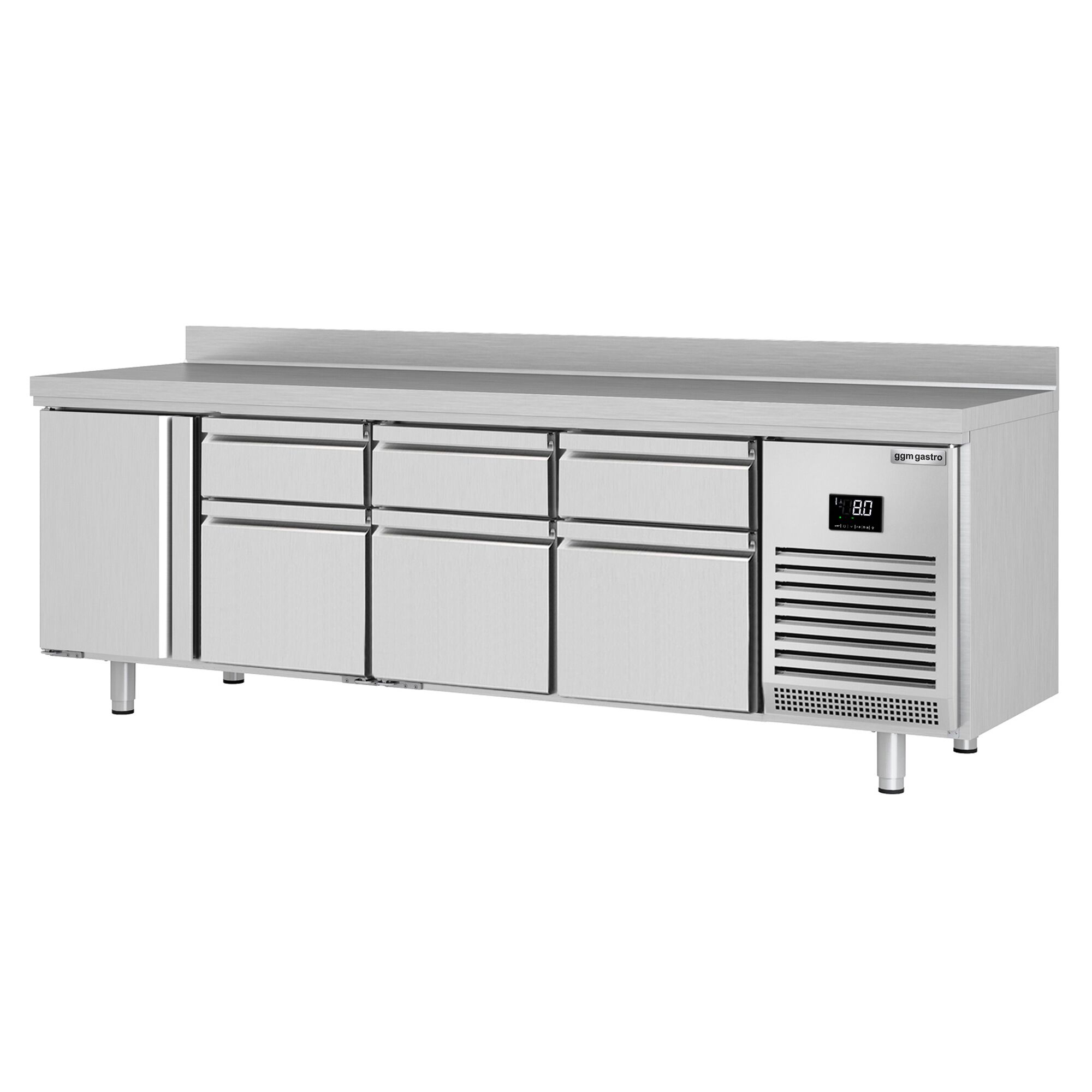 Table réfrigérée Premium PLUS - 2452x700 mm - avec 1 porte - 6 tiroirs - avec dosseret