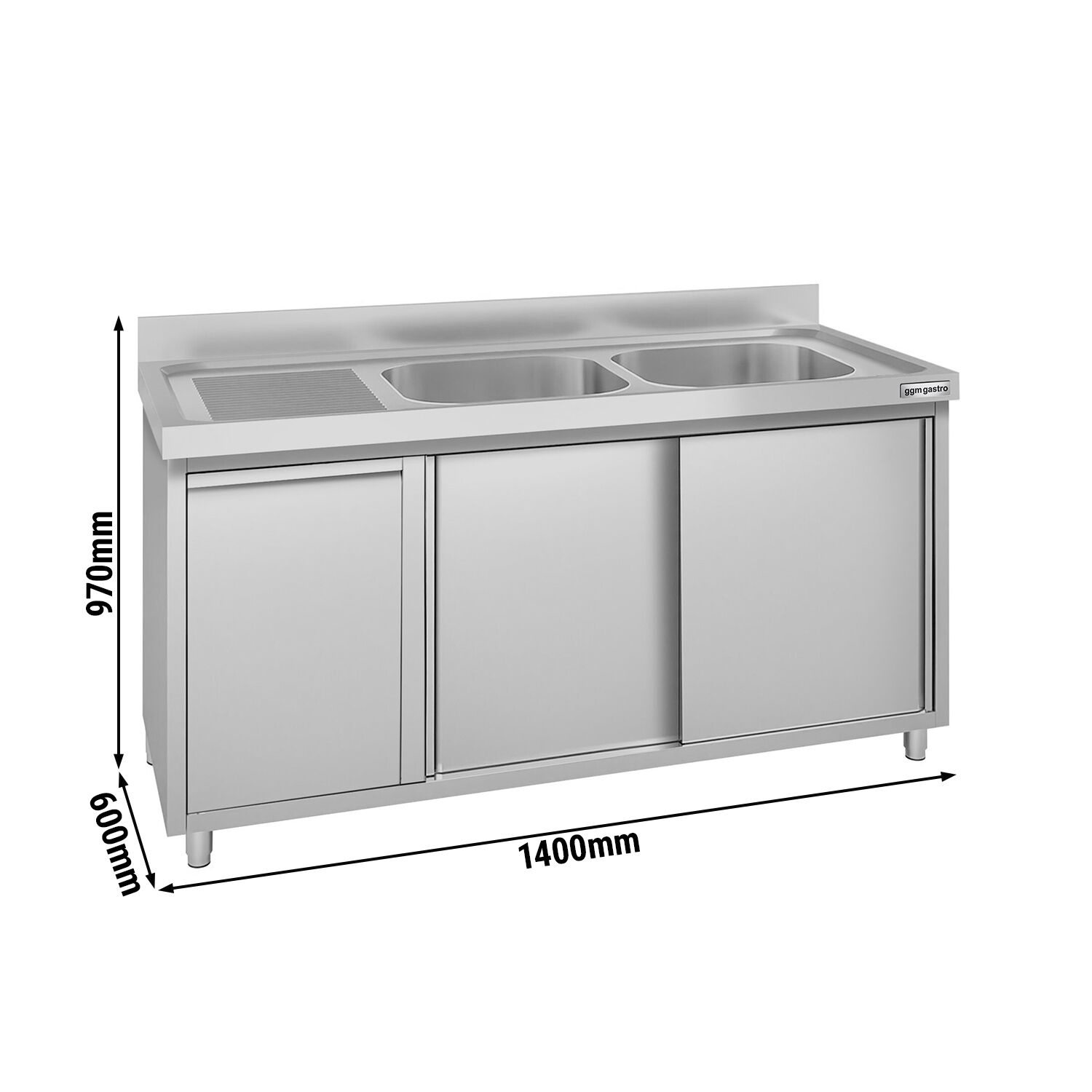 Meuble évier ECO - 1400 x 600 mm - avec poubelle & 2 bacs à droite