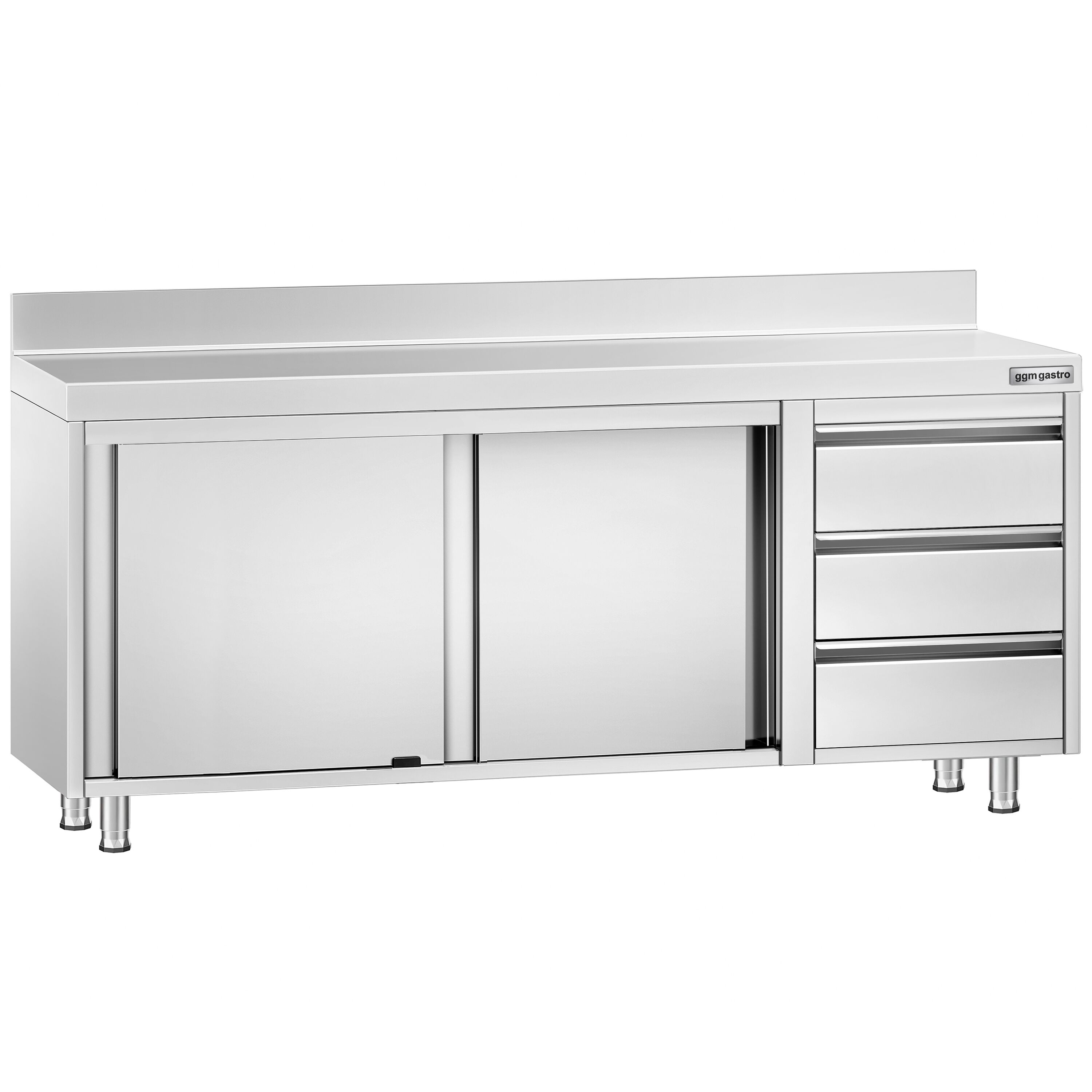 Table armoire en acier inoxydable PREMIUM - 2000x700mm - avec 3 tiroirs à droite et portes coulissantes - avec dosseret