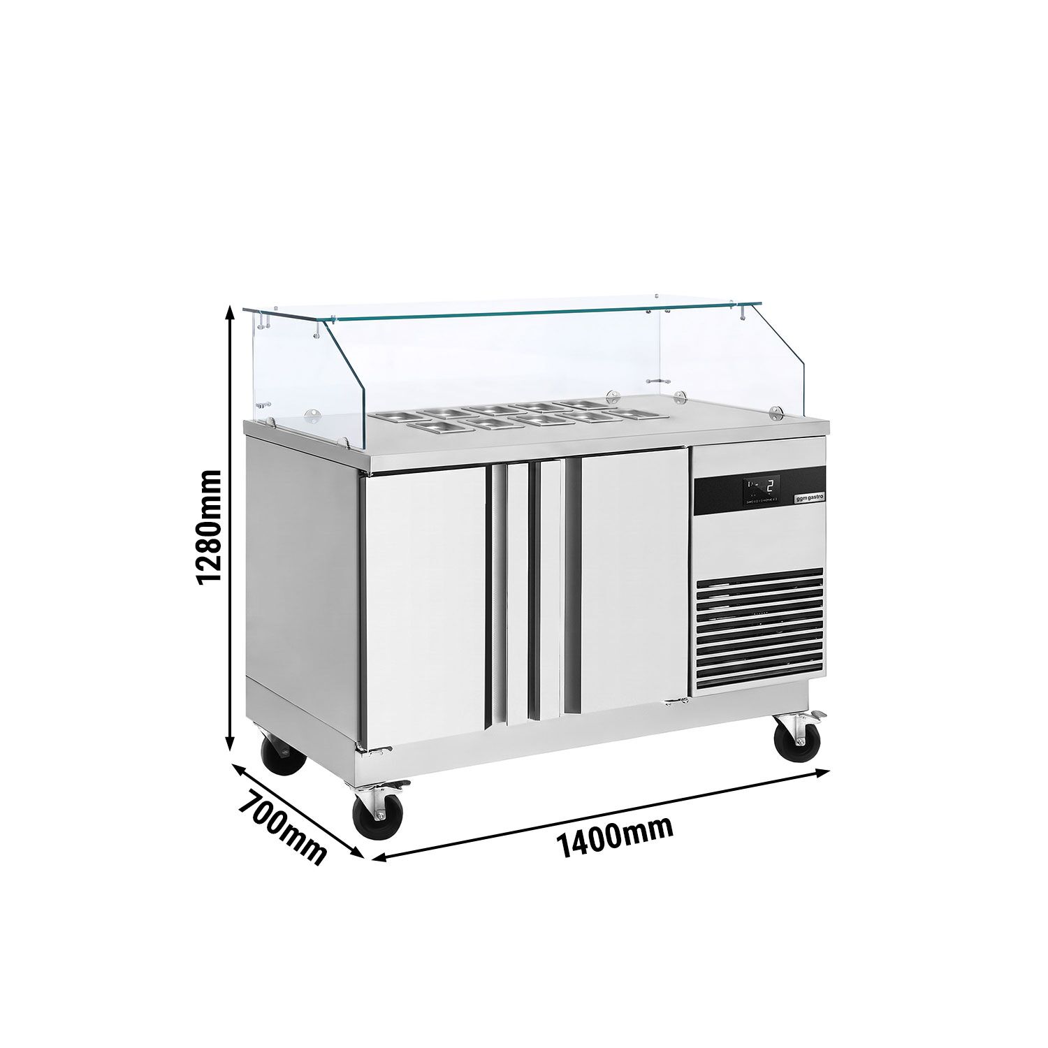 Saladette PREMIUM - 1400mm - 2 Türen - mit eckigem Glasaufsatz für 6x GN 1/6