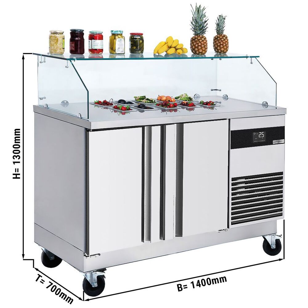 Commercial Saladette Counter PREMIUM - 1400mm - 2 doors - with square glass canopy for 6 x GN 1/6