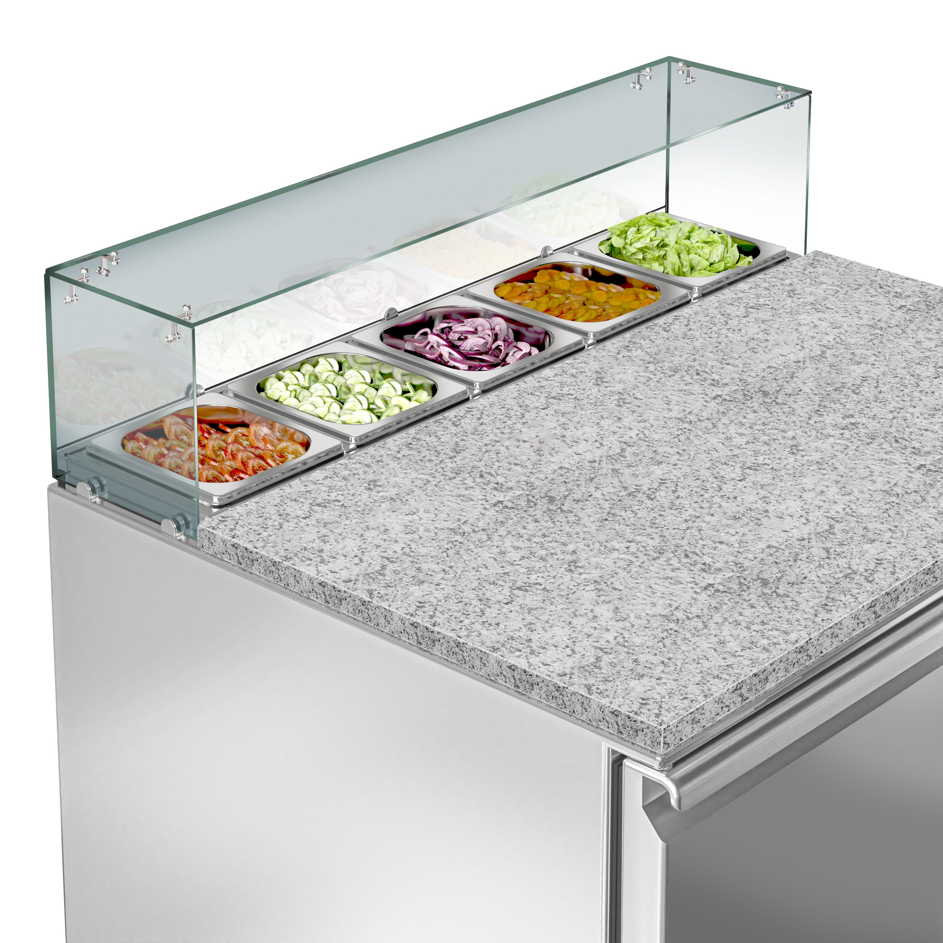 Saladette réfrigérée ECO - 900mm - 240L - 2 portes - avec vitrine de comptoir pour 5x GN 1/6