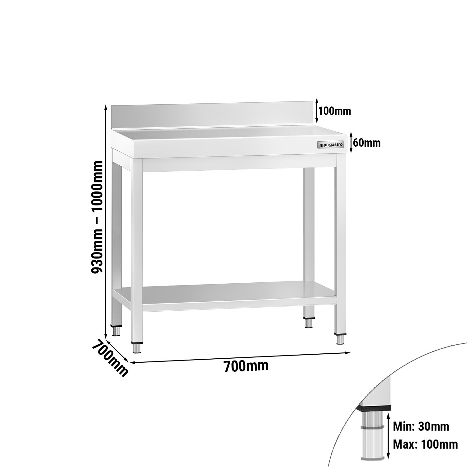 Table de travail inox PREMIUM - 700 x 700 mm - avec tablette inférieure & Dosseret