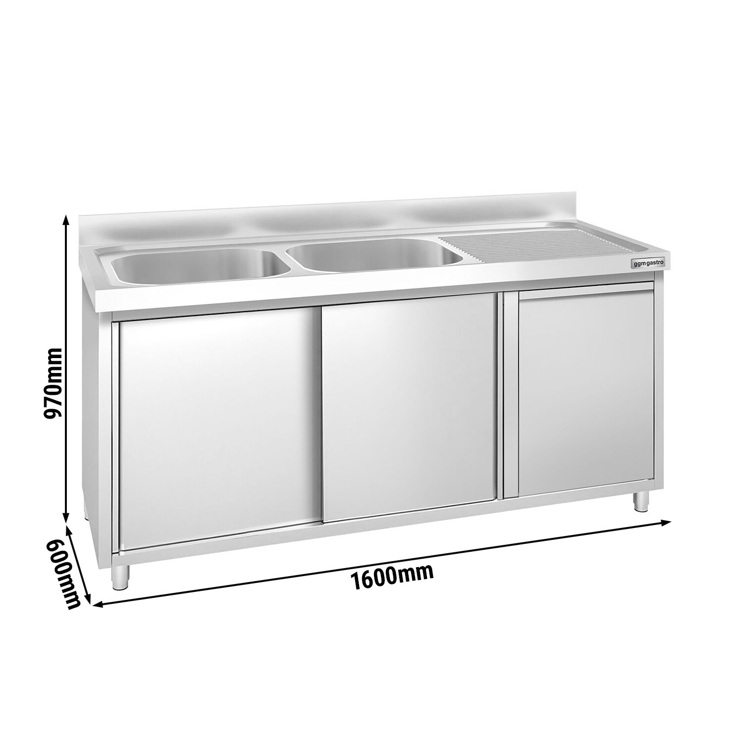 Meuble plonge PREMIUM - 1600x600mm - avec poubelle intégrée et 2 bacs