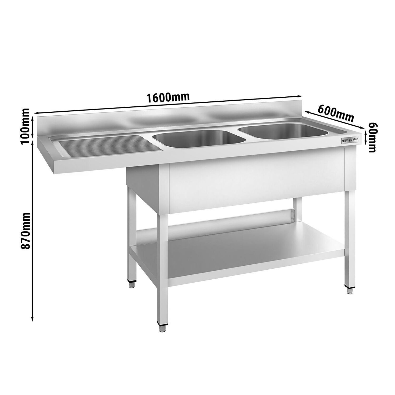 Plonge PREMIUM en acier inoxydable - 1600x600mm - 2 bacs - égouttoir à gauche - avec espace lave-vaisselle - adossée/avec dosseret