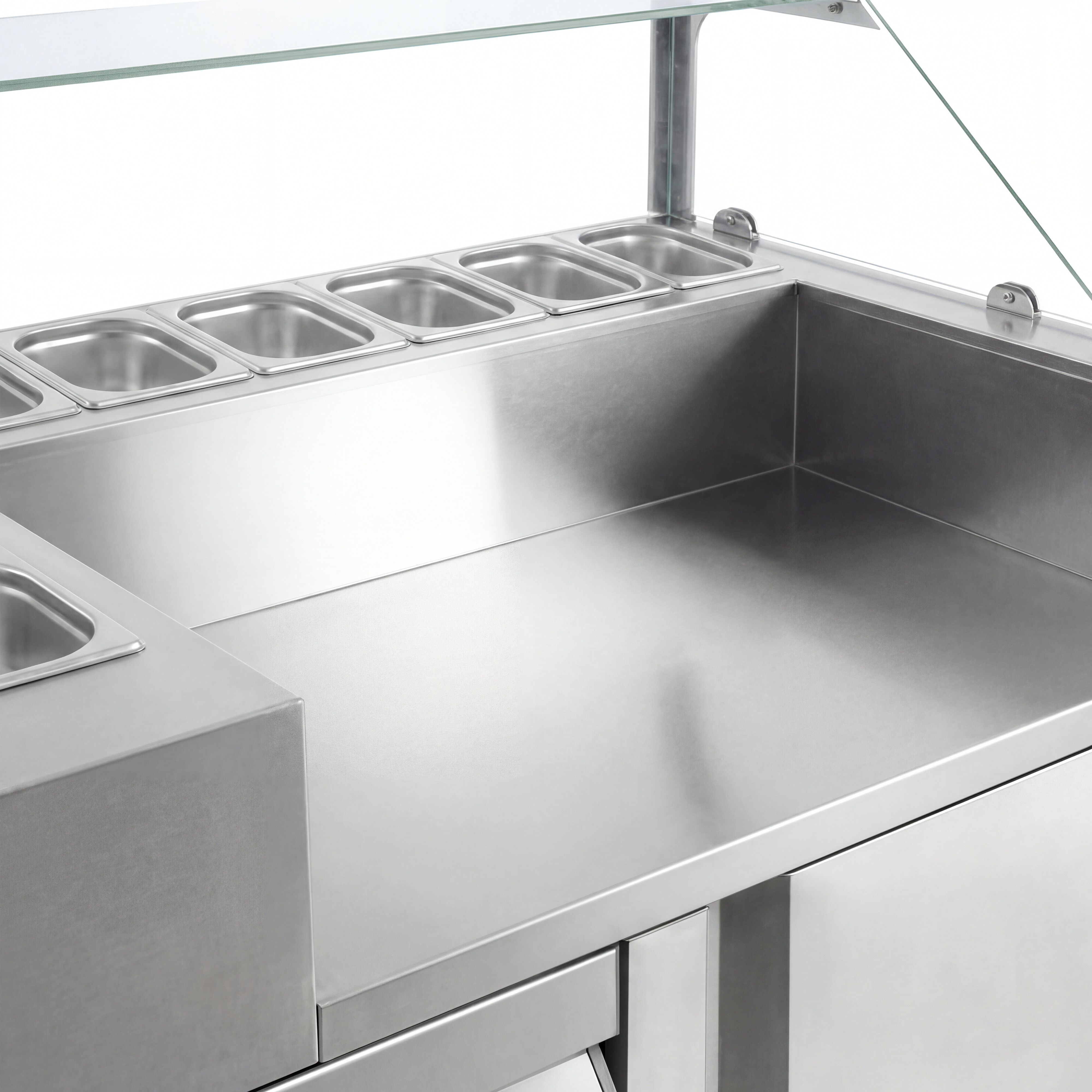 Saladette Kompakt - 1210x700 mm - glasöverdel - 1 dörr & 2 lådor - för 9x GN 1/6 - inkl. Korvgrill/Hot dog‑grill & -värmare