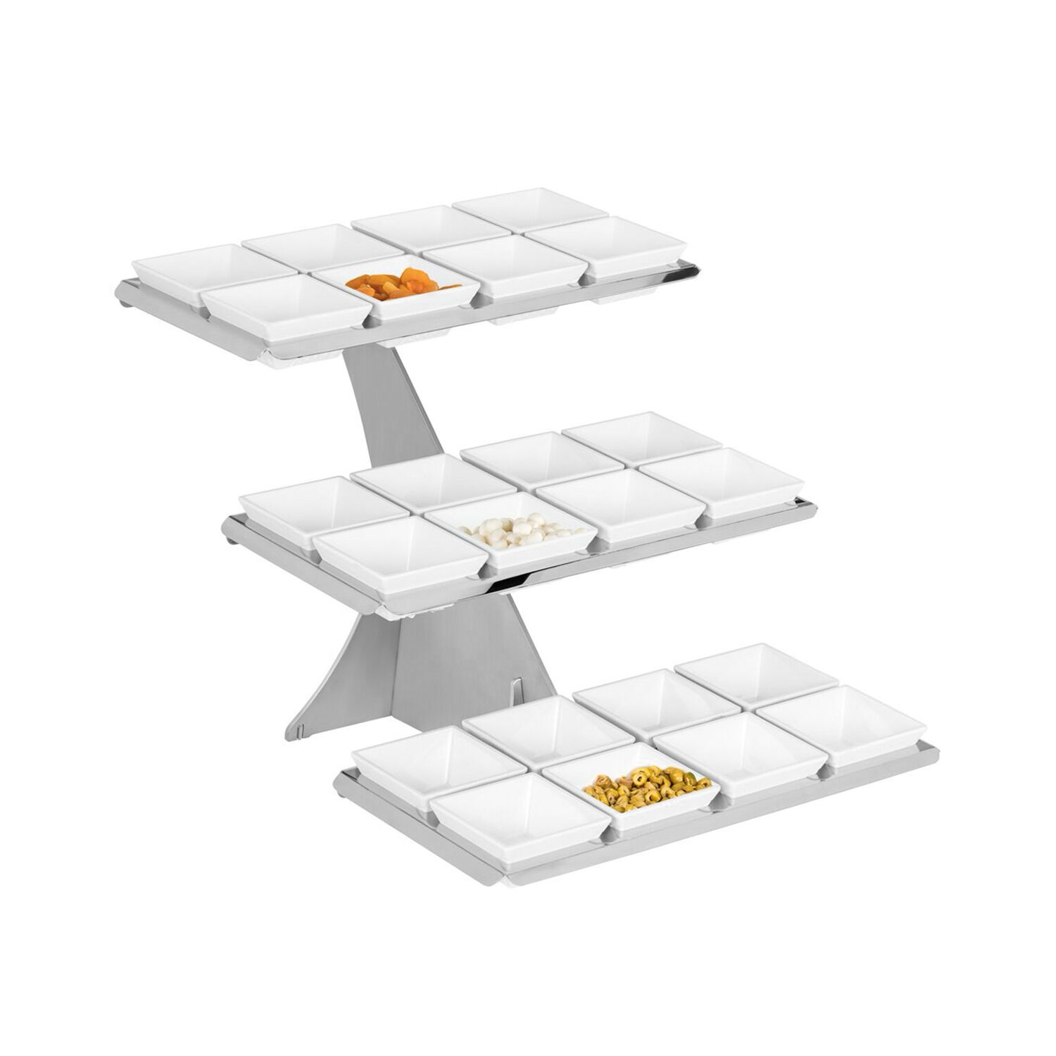 Etagere / Buffet Stand - Stainless steel frame - Chrome - square - Height: 420mm - incl. 24 Melamine bowls 100x100mm - with 3 shelves