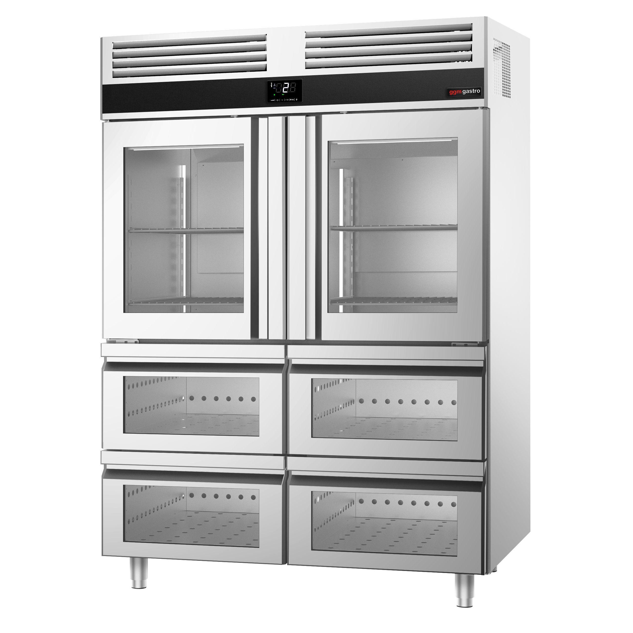 Armoire réfrigérée positive en acier inoxydable PREMIUM - GN 2/1 - 1400 L - avec 2 portes vitrées & 6 glissières & 6 grilles GN 2/1