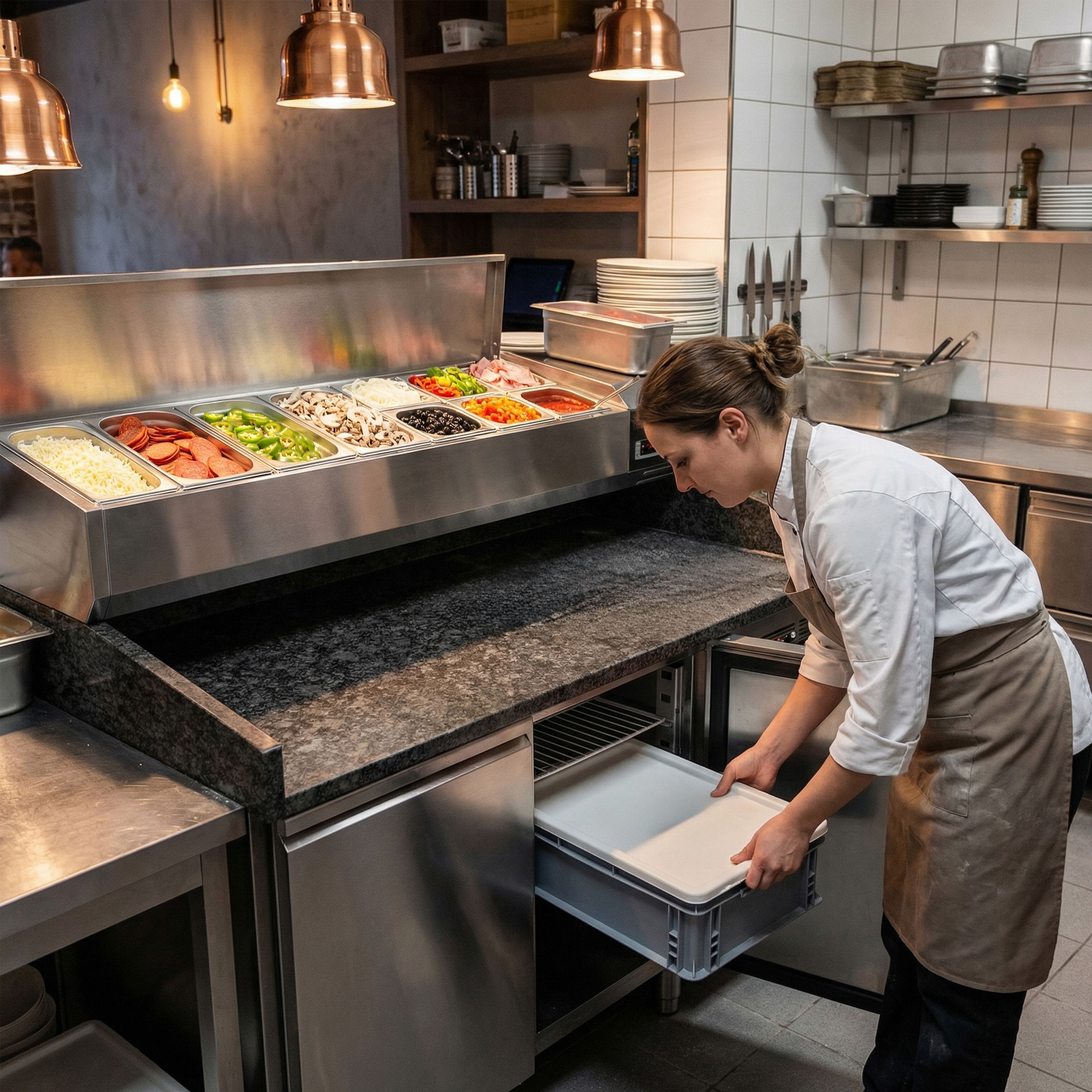 Table réfrigérée à pizza PREMIUM - 1500x800 mm - avec 2 portes - incl. vitrine réfrigérée - 7x GN 1/4