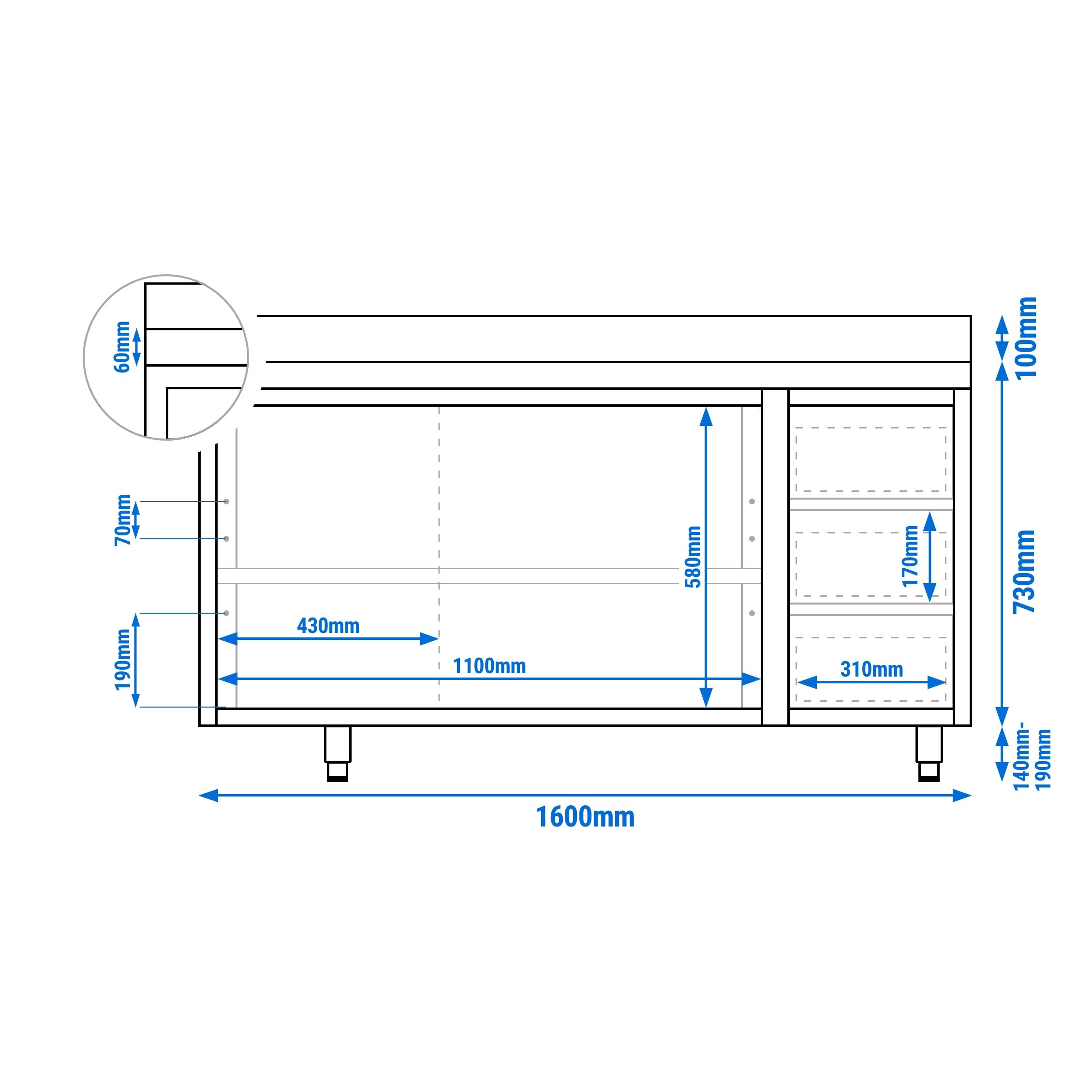 Table armoire en acier inoxydable PREMIUM - 1600x600mm - avec 3 tiroirs à droite et portes coulissantes - avec dosseret