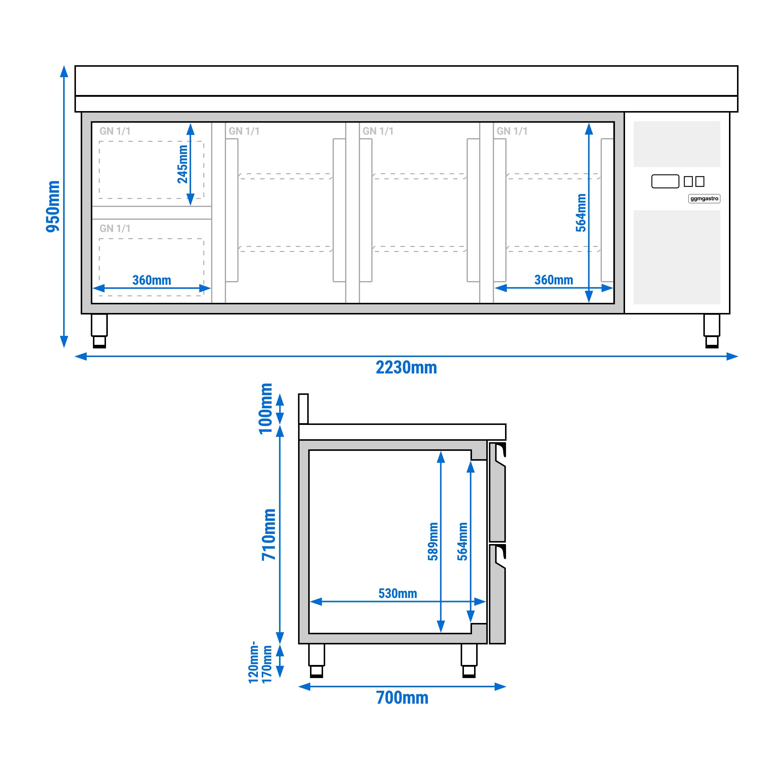 Table réfrigérée ECO - 2230 x 700 mm - avec 3 portes - 2 tiroirs - avec dosseret