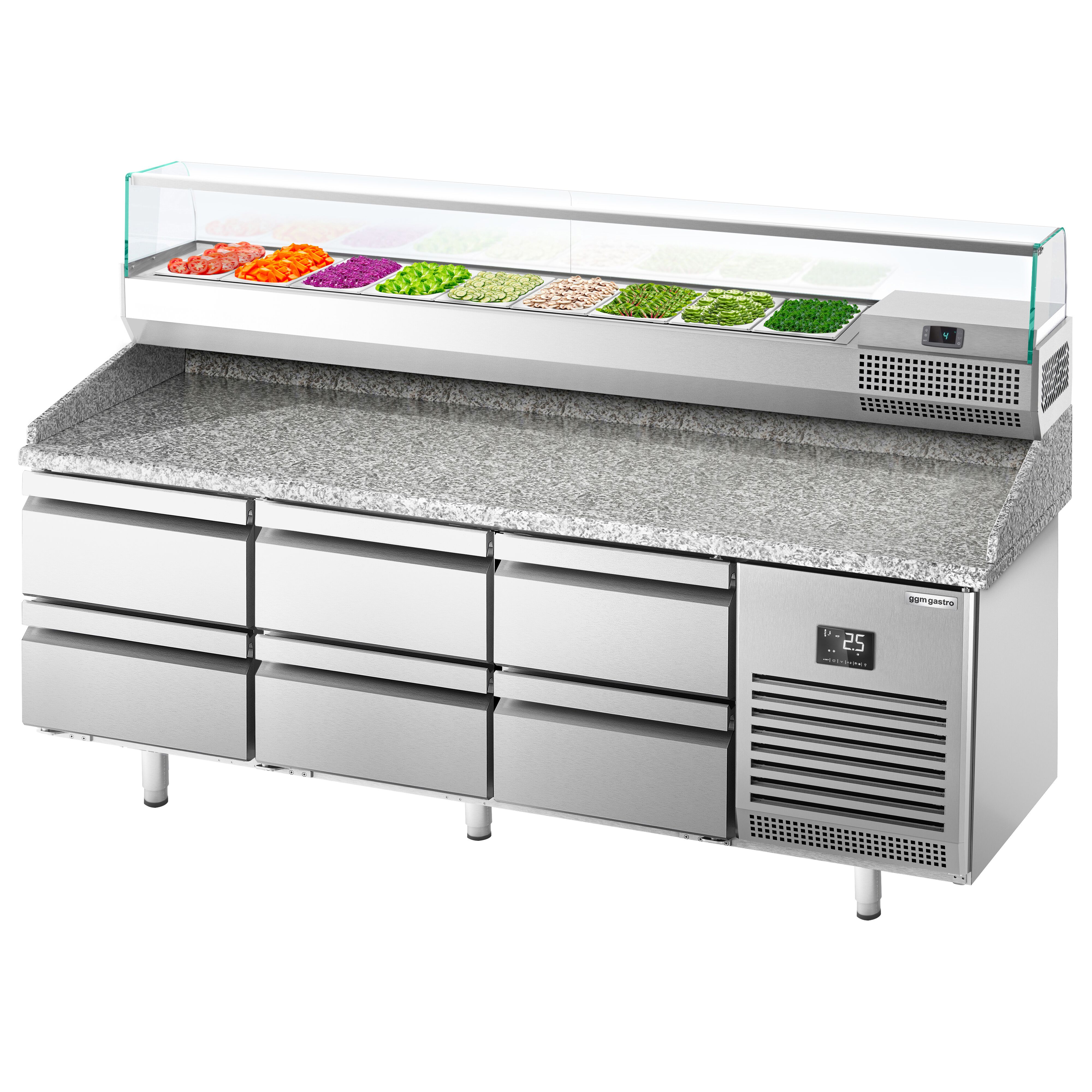 Table réfrigérée à pizza Premium PLUS - 1980x700 mm - avec 6 tiroirs - incl. vitrine réfrigérée - 9x GN 1/4