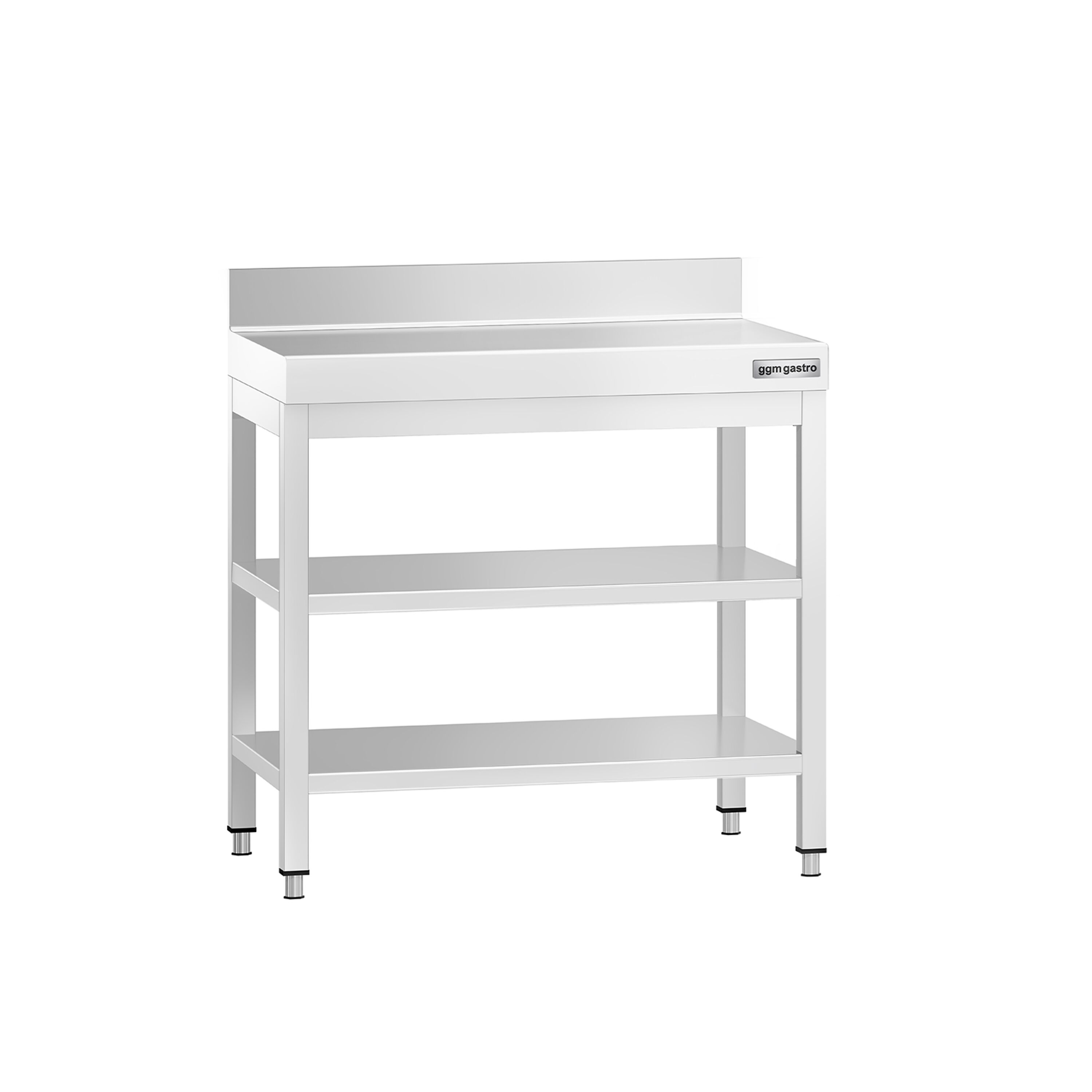 Table de travail inox PREMIUM - 700 x 600 mm - avec tablette inférieure, Dosseret & Tablette intermédiaire