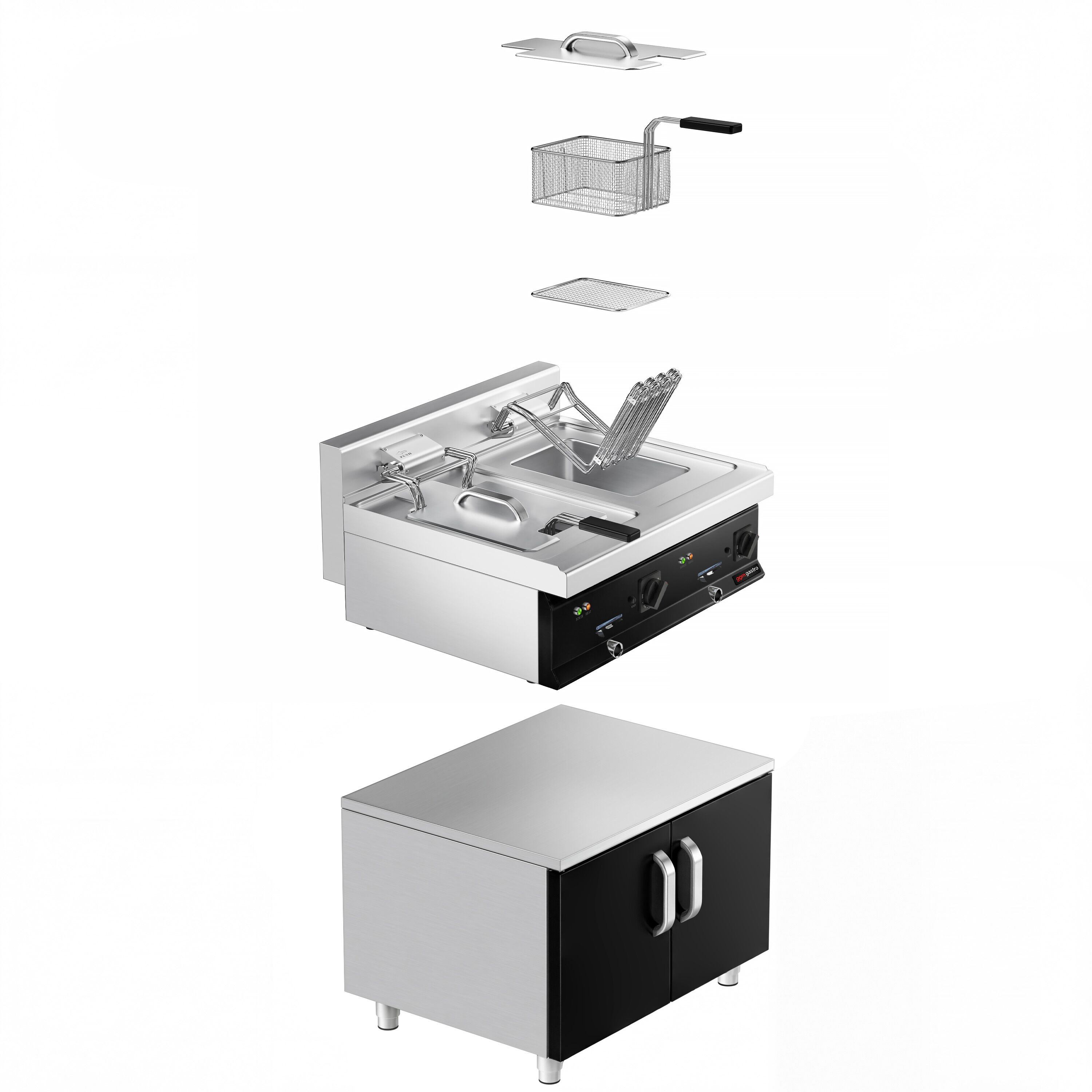 Friteuse électrique double – 10+10 litres – 18 kW – incl. soubassement avec 2 portes