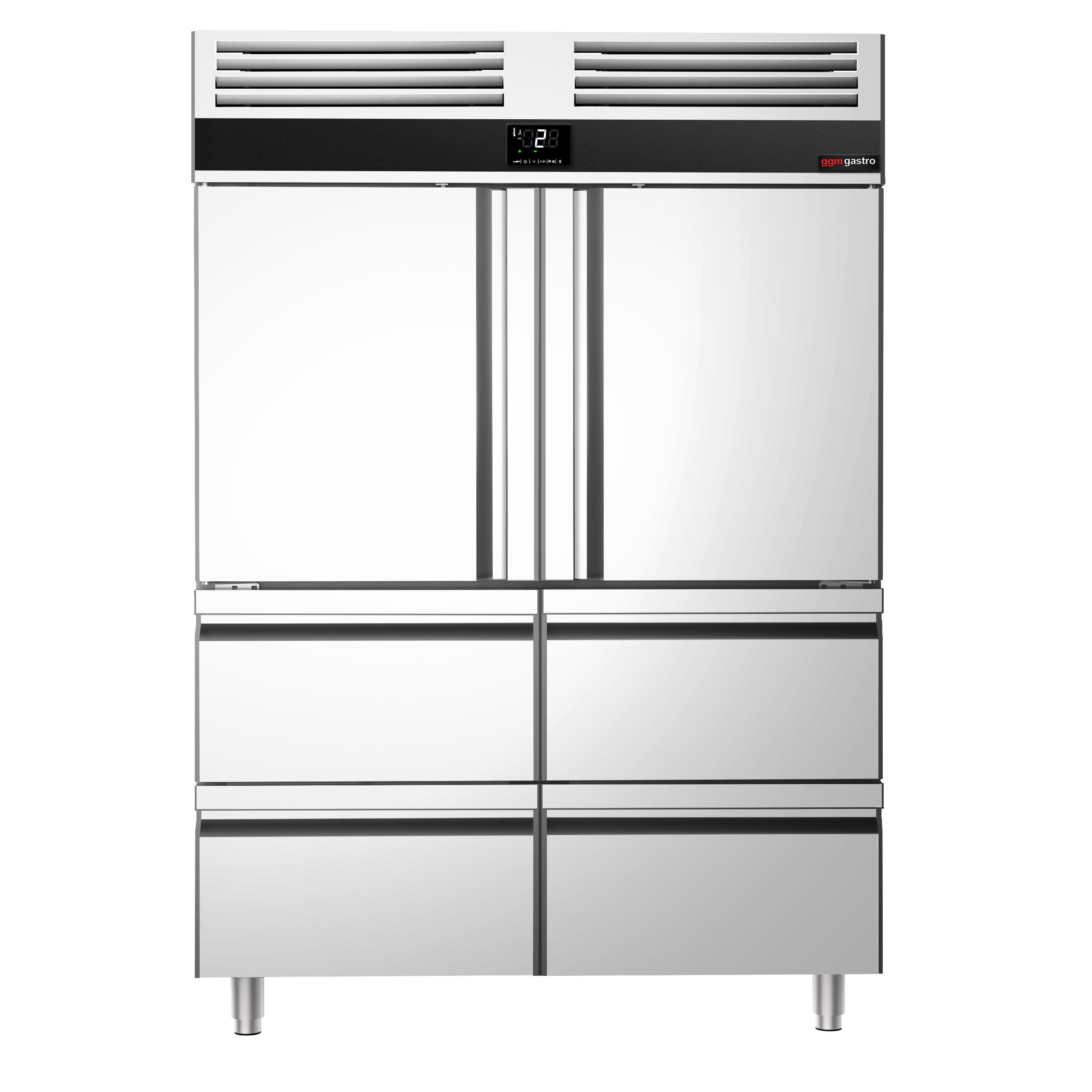 Kylskåp Rostfritt stål PREMIUM - GN 2/1 - 1400 mm - 1400 liter - ned till -2 till +8 °C - med 2 halvdörrar & 4 lådor - Ventilerad kylning, LED-belysning, Automatisk avfrostning, Självstängande dörrar, R290