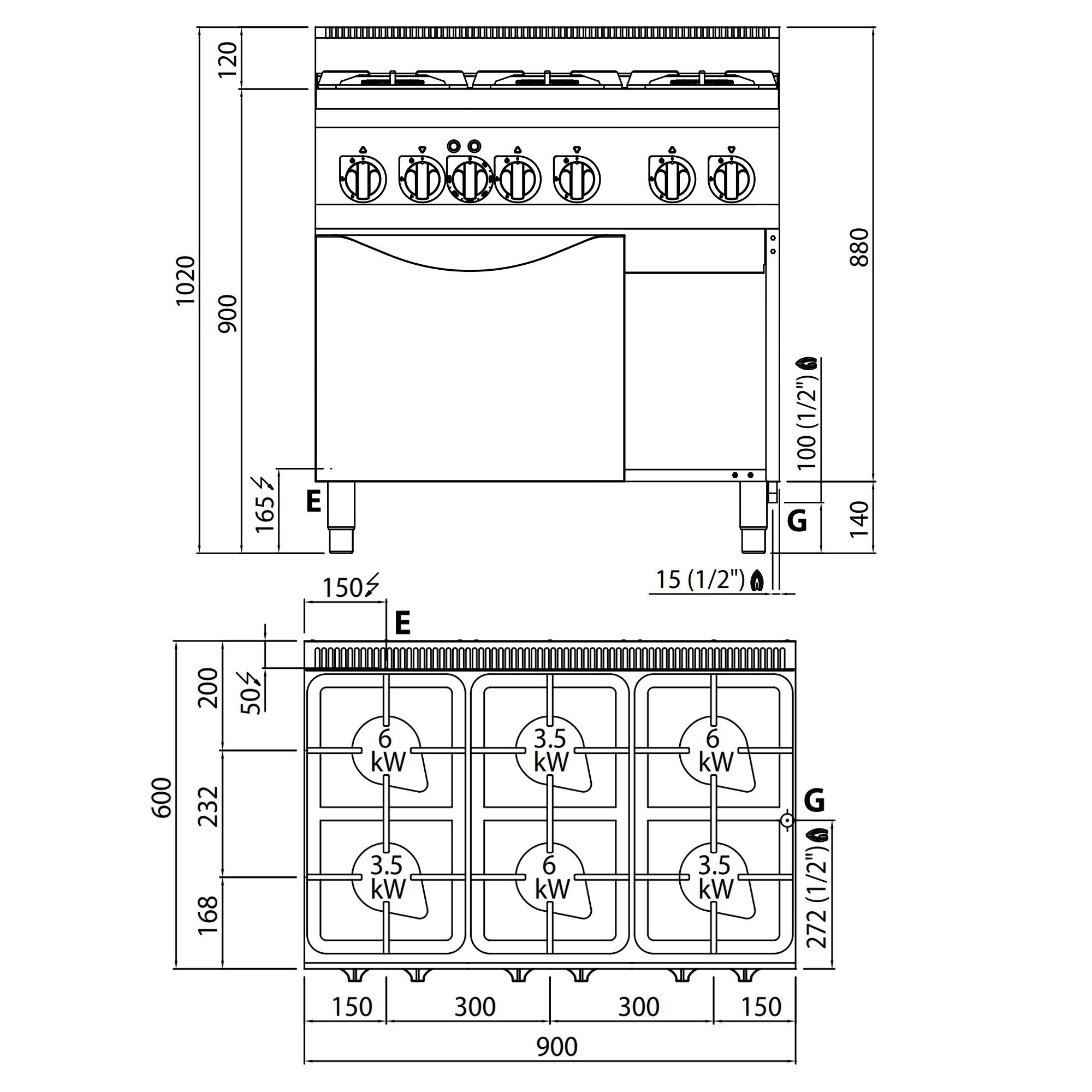 Fourneau à gaz – 28,5 kW – 6 brûleurs – avec four électrique à convection – 3 kW