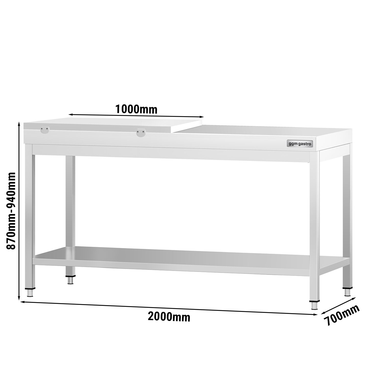 Table de travail inox PREMIUM - 2000 x 700 mm - avec tablette inférieure - incl. 1/2 Planche à découper Blanche