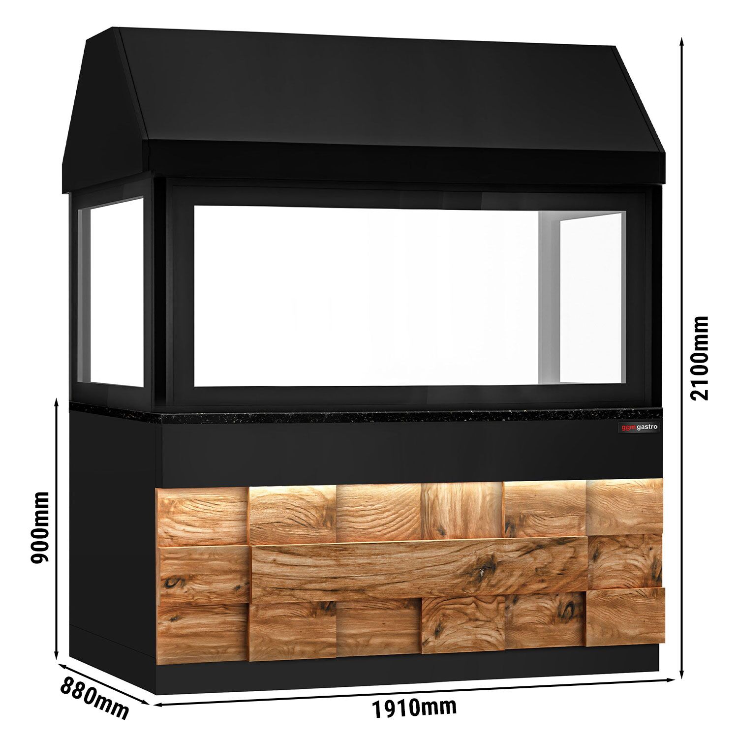 Barbecue au charbon de bois TORONTO – 1900 mm – façade en bois – plan de travail en granit noir – verre de protection thermique