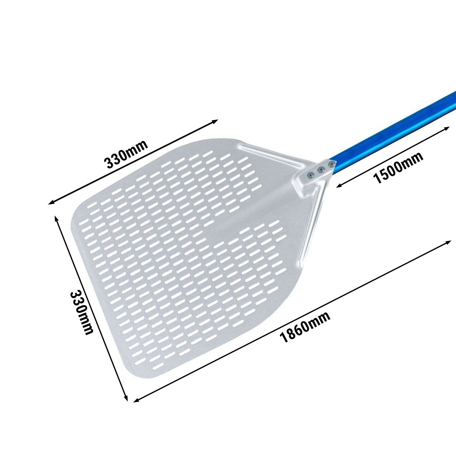 Pelle à pizza rectangulaire PREMIUM - AZZURRA - Aluminium - 330x330mm - perforée - manche 150cm