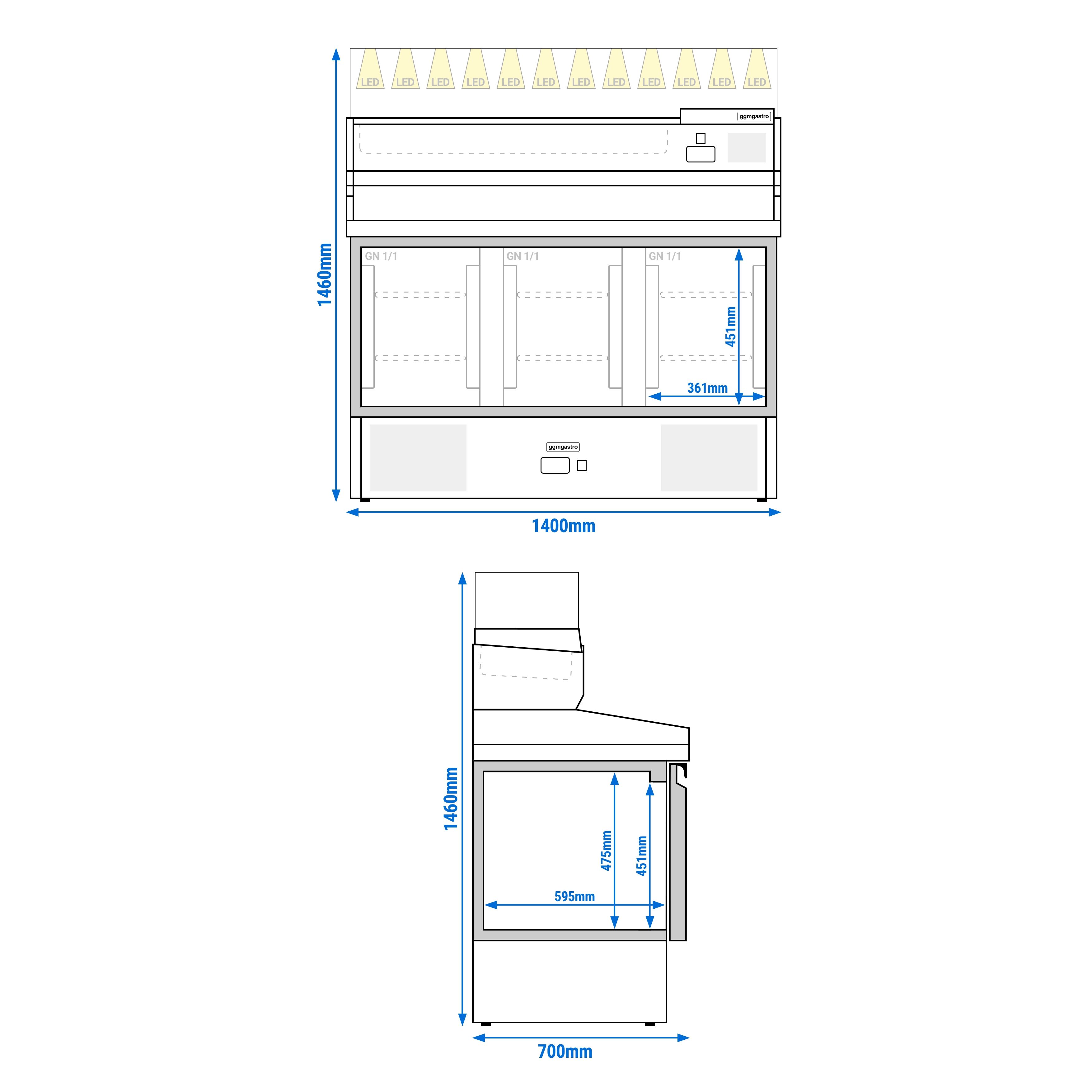 Table réfrigérée pour pizza PREMIUM - 1400 x 700 mm - 3 portes - incl. vitrine réfrigérée - 6 x GN 1/4