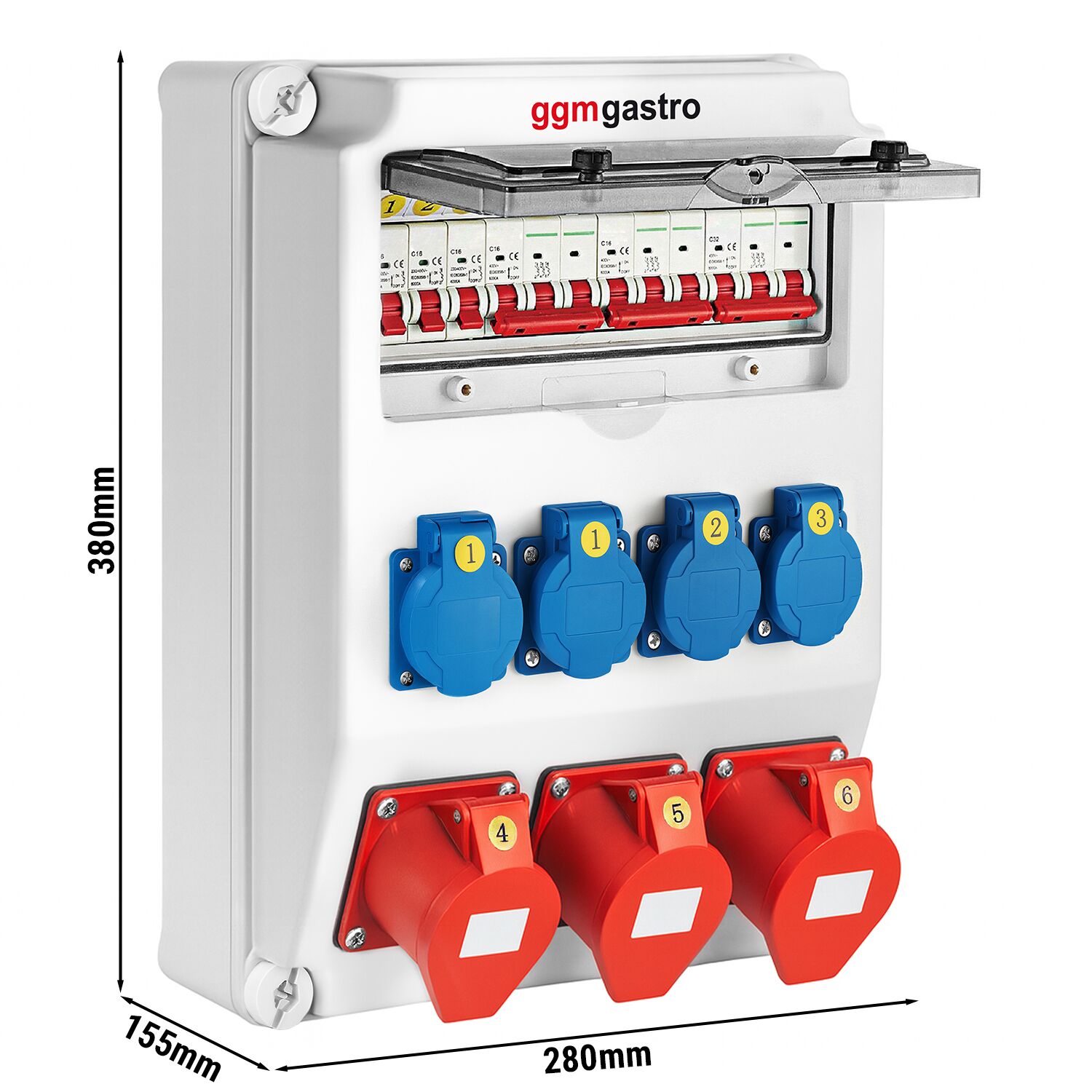 Fördelningsskåp - 4x Schuko 230 V, 2x CEE 16 A 400 V (5-pol) & 1x CEE 32 A 400 V (5-pol) uttag