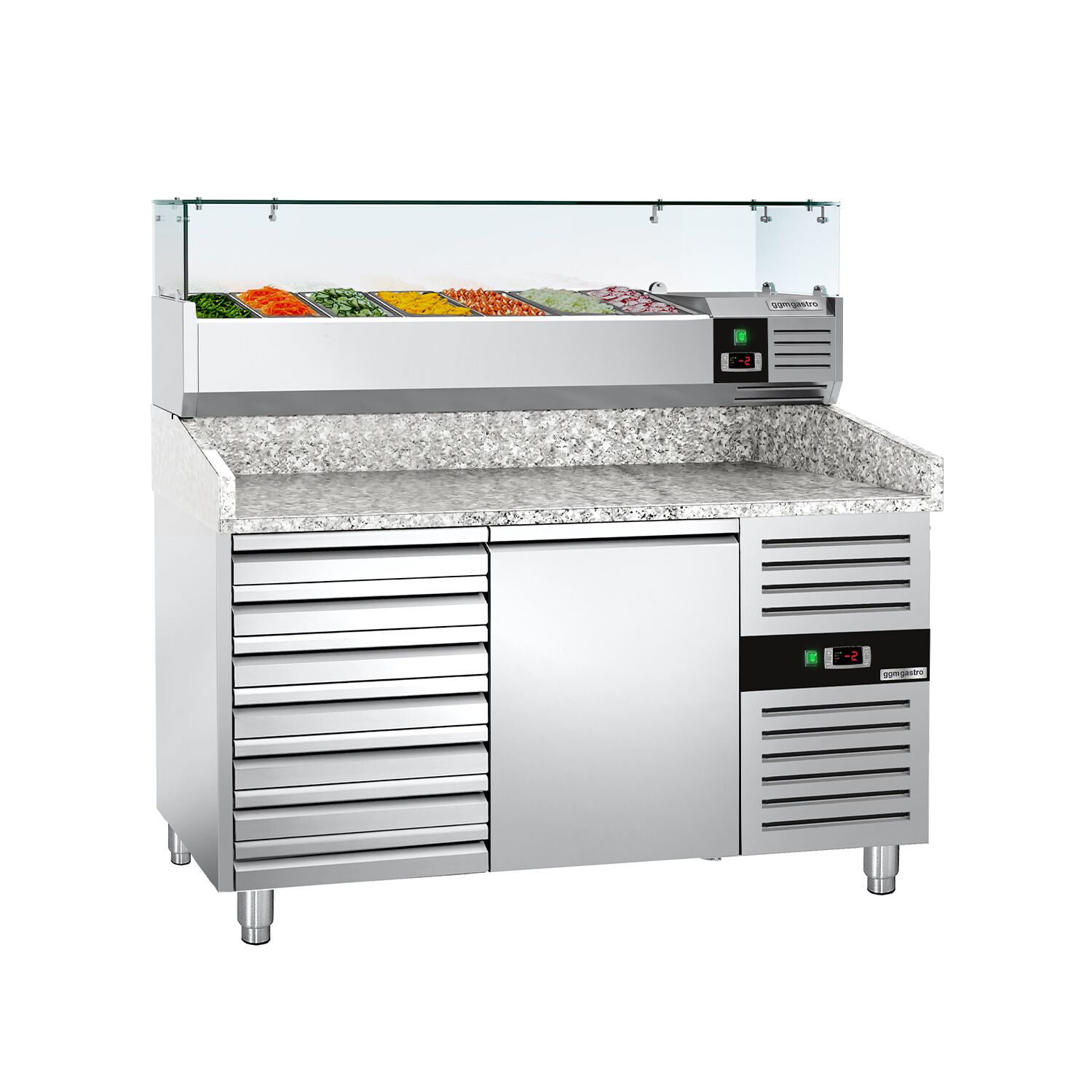 Table réfrigérée à pizza ECO - 1500 x 800 mm - avec 1 porte et 7 tiroirs - incl. vitrine réfrigérée - 7 x GN 1/4