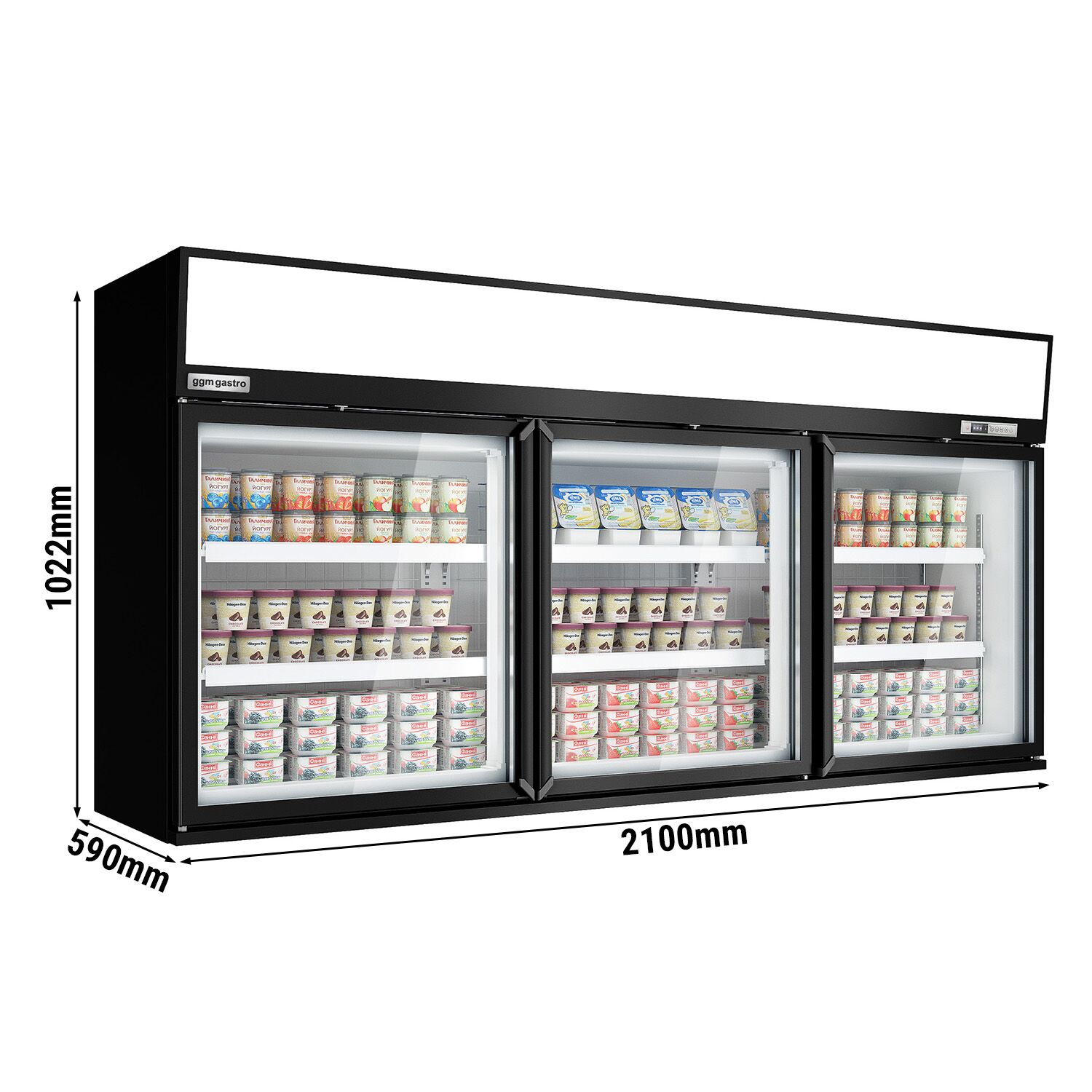 Vitrine murale de congélation pour supermarché - 2100 mm - 346 litres - avec 3 portes & 2 étagères - Noir
